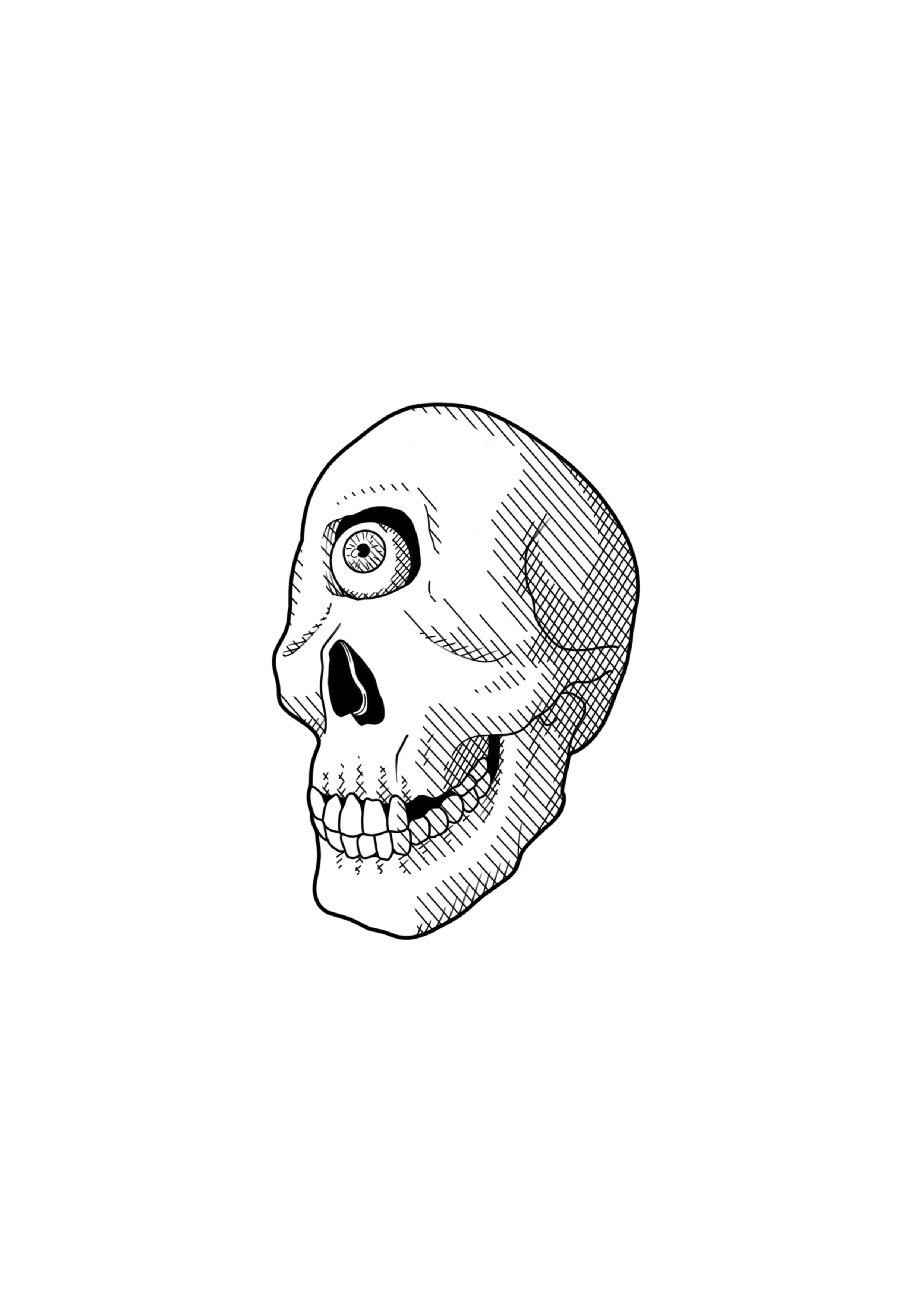 Black and white drawing of a cyclops human skull from a side view, showing detailed shading and line work. By Nick Whybrow, Camden, London.