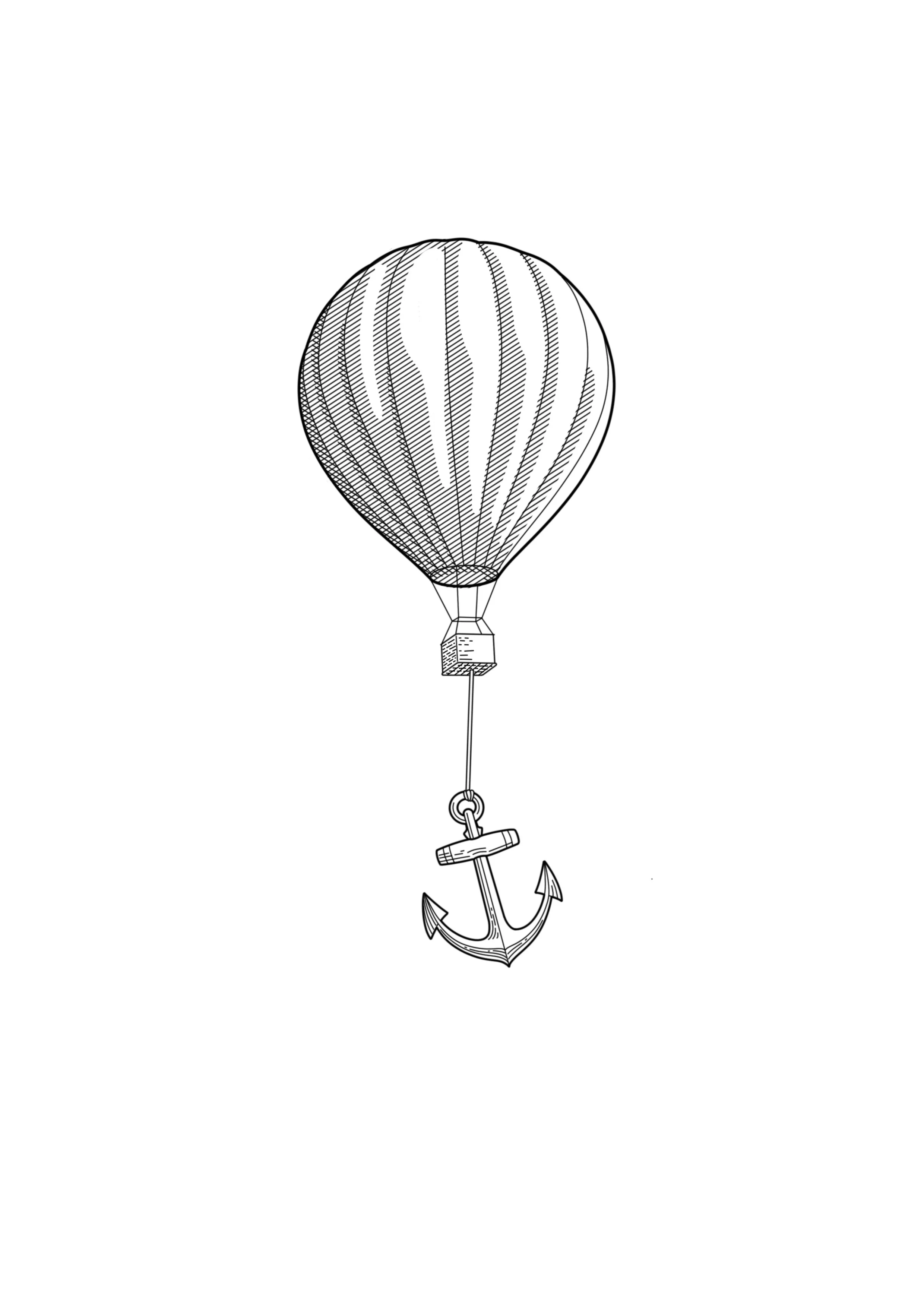 Line drawing of a hot air balloon with a nautical theme, featuring a balloon with striped pattern, a boat-shaped basket, and an anchor hanging below. by Nick Whybrow, Camden, London