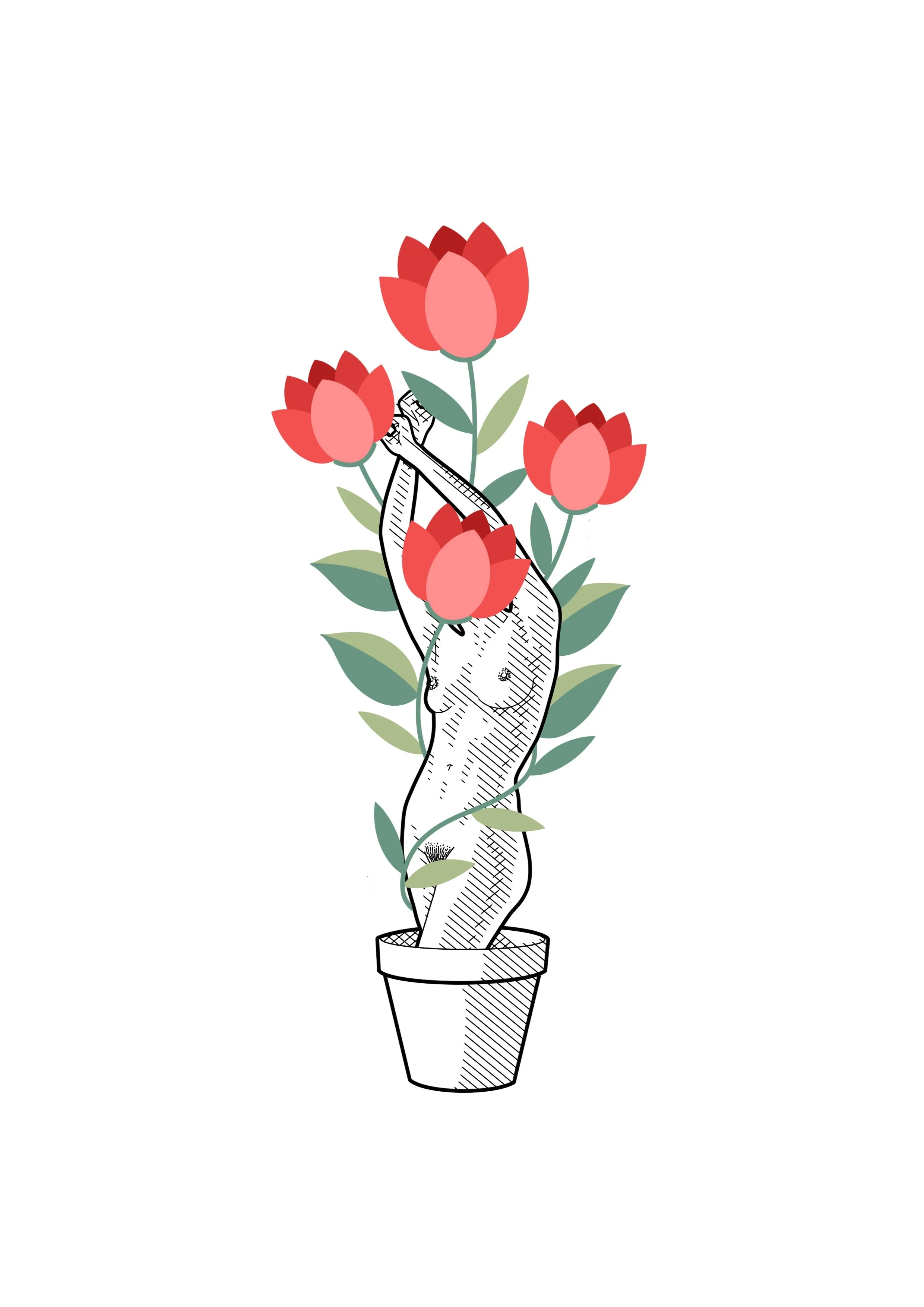 A black and white sketch of a hand holding a vibrant red and pink flower with green leaves, placed in a flower pot. The background is plain white.