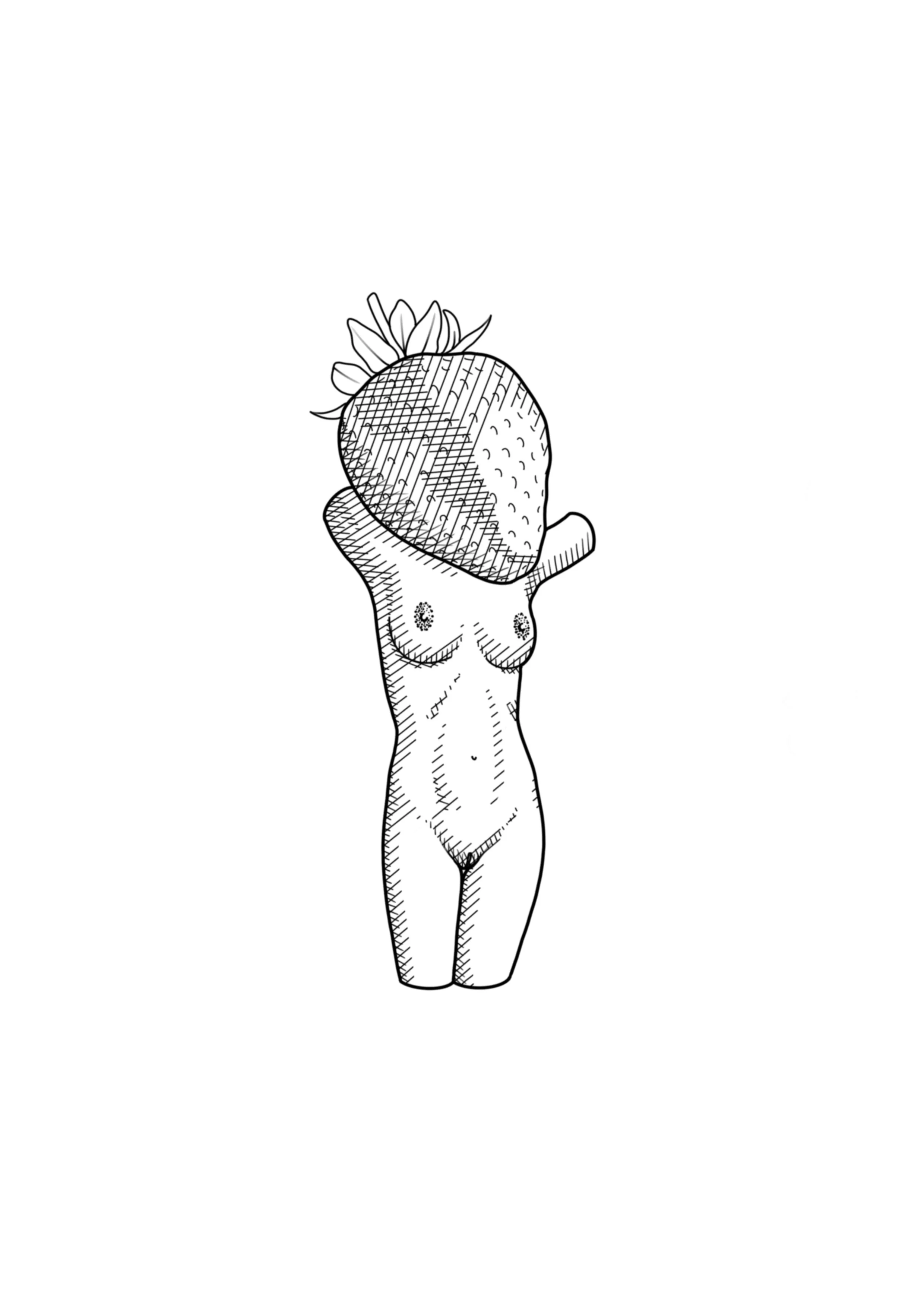 illustrative tattoo design of a line drawing of a naked person with an extremely large strawberry head with a few leaves on top, standing with arms raised. by Nick Whybrow, Camden, London