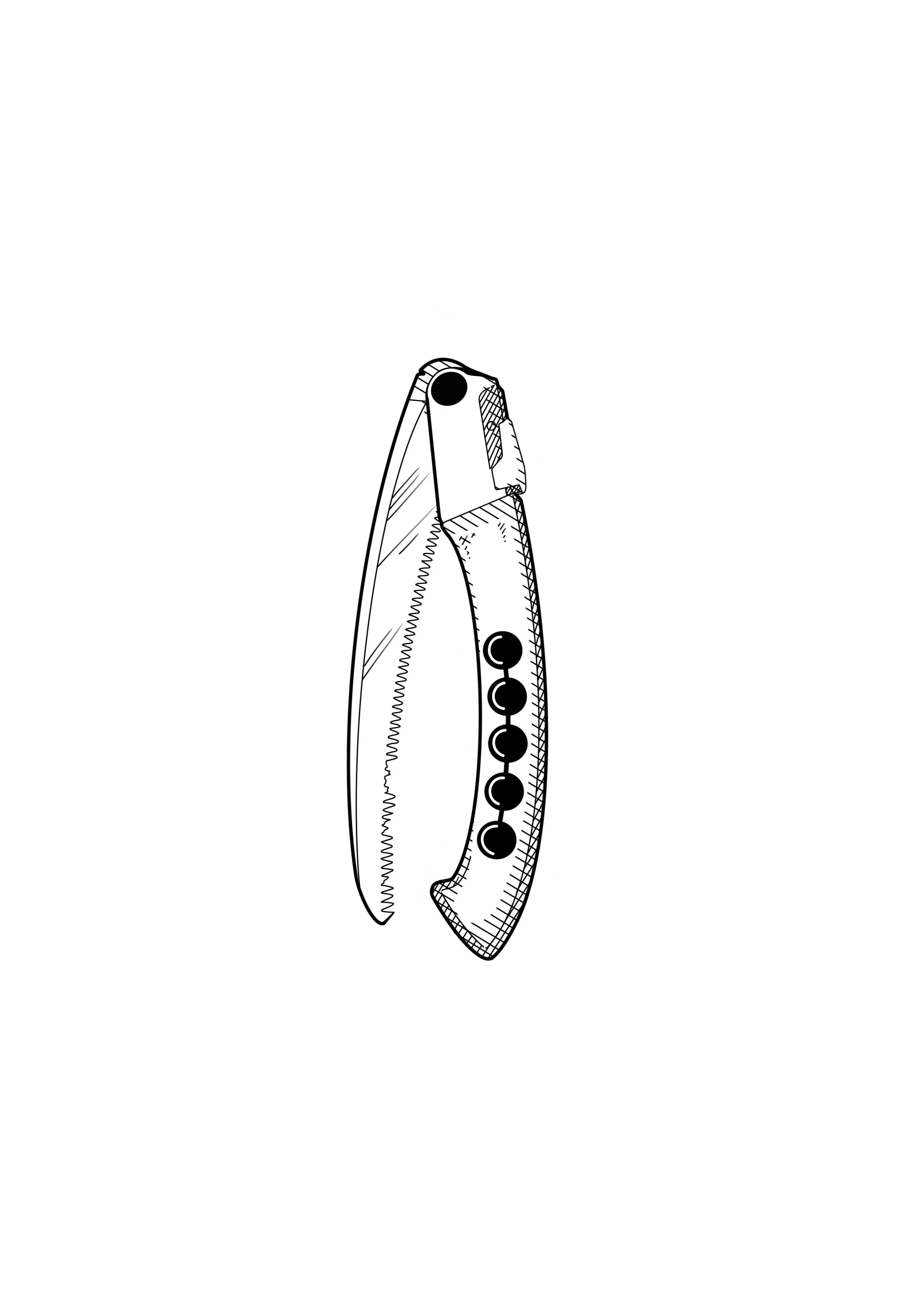 Illustration of a classic switchblade knife with a partially open blade, drawn in black and white.