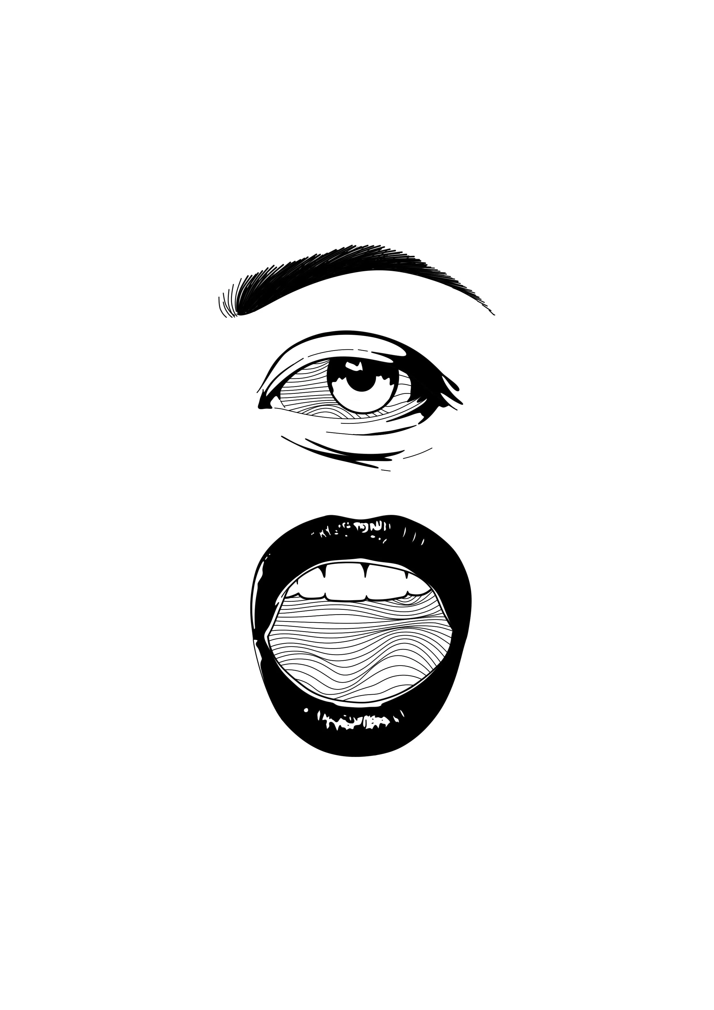 An Abstract black and white tattoo design of a face with one eyebrow raised over a single eye wide open, an open mouth showing teeth, and a tongue, with various line textures. By Nick Whybrow, Camden, London.