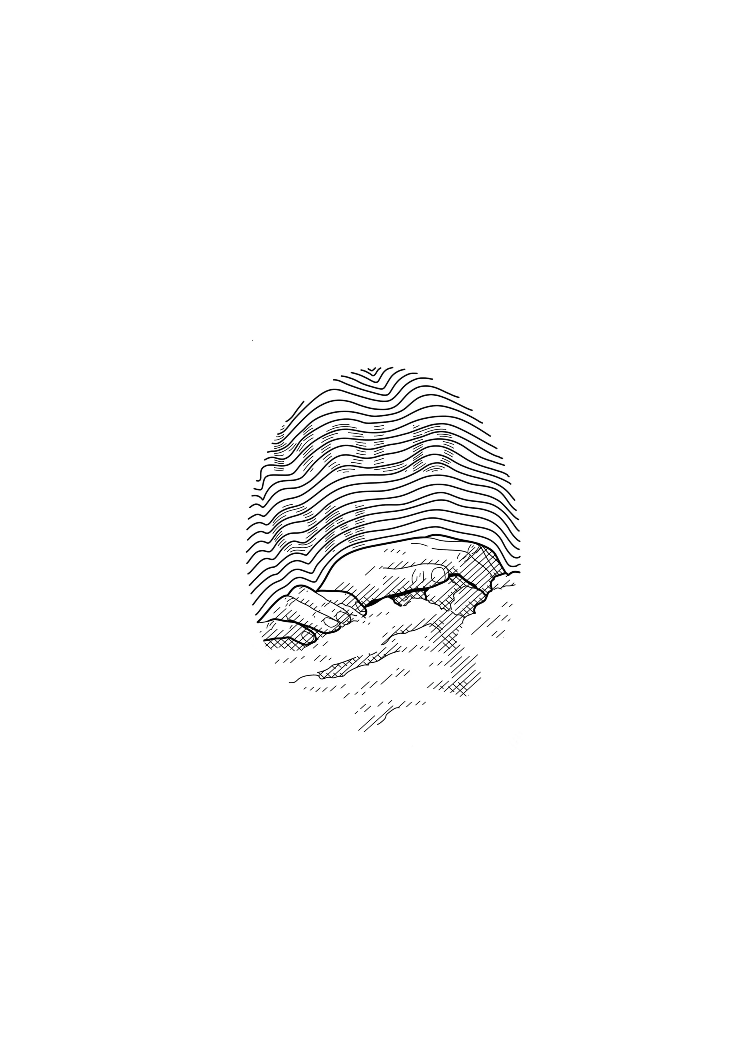 Line art illustration style tattoo design on hands holding onto a cliff. By Nick Whybrow, Camden, London