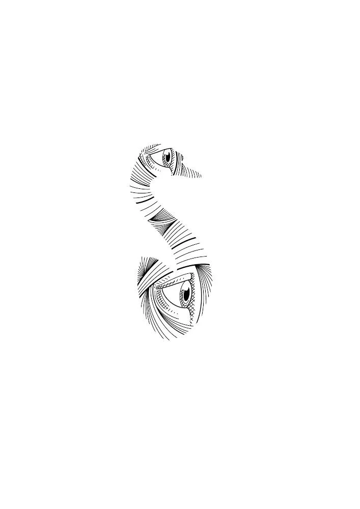 Black and white abstract illustration of a human eye with detailed lines and patterns.