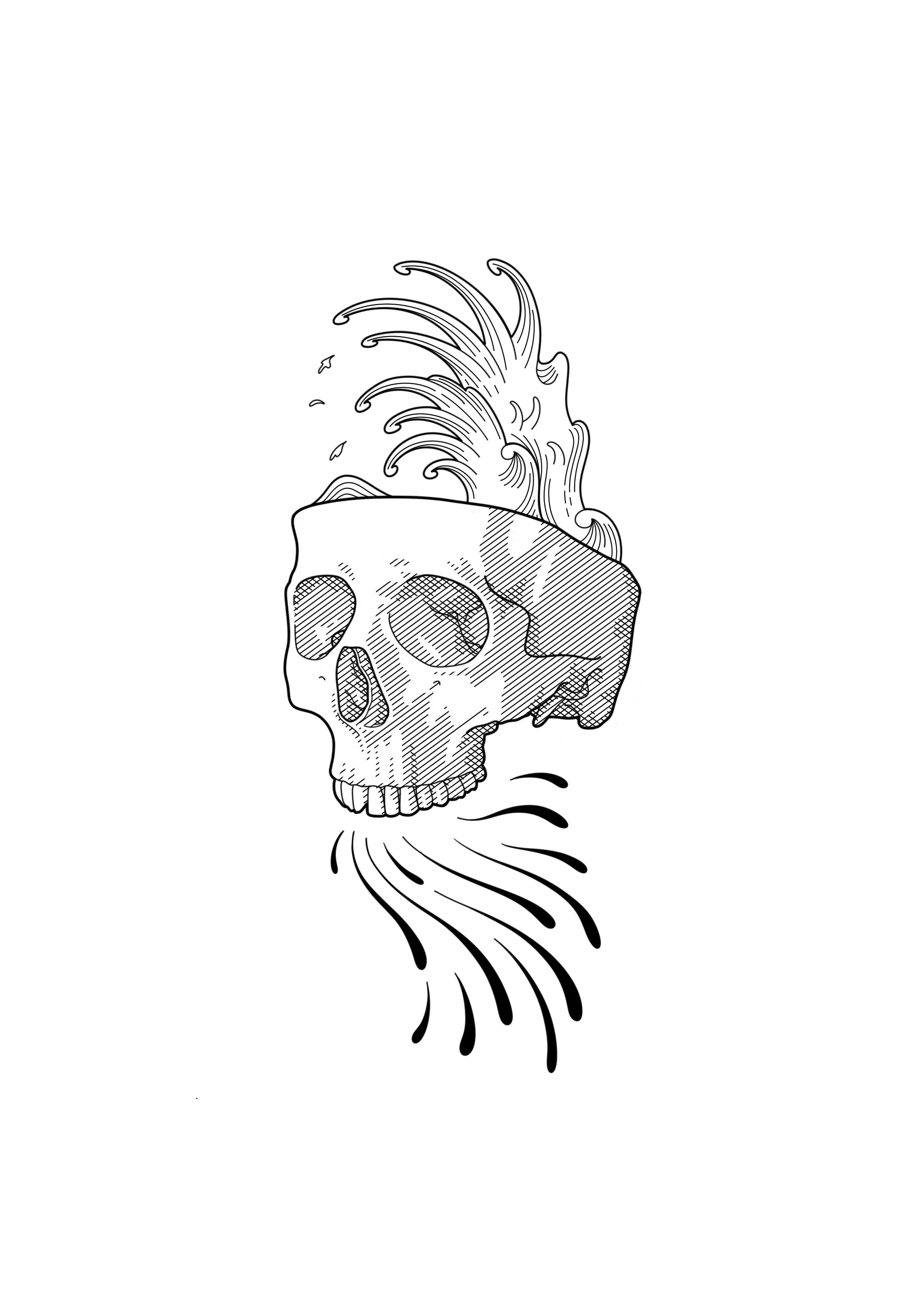 A black and white line drawing of a human skull with a top portion that is rocket-shaped and emitting smoke or flames from the base.