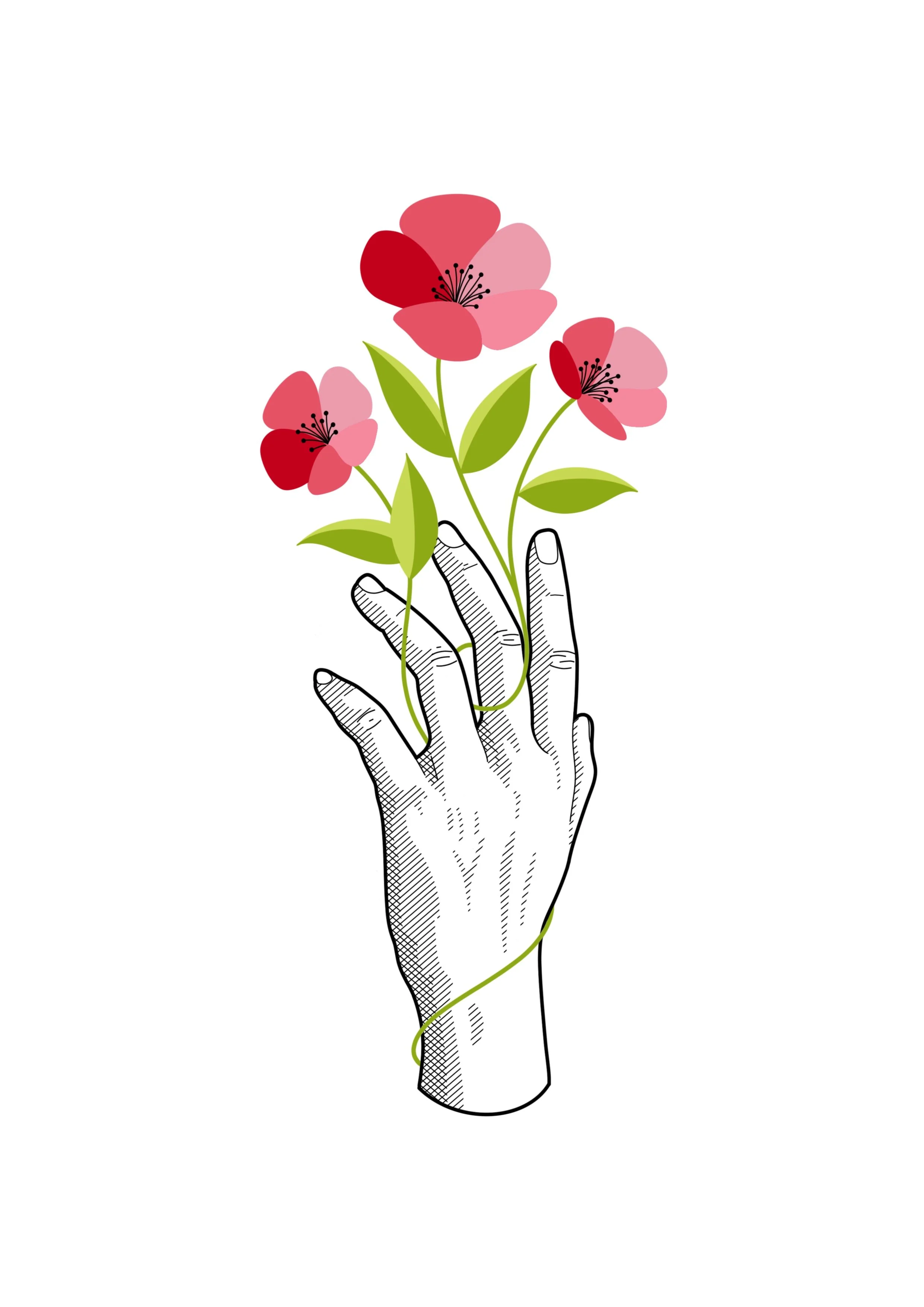 Line drawing of a hand holding three pink and red flowers with green leaves against a white background.