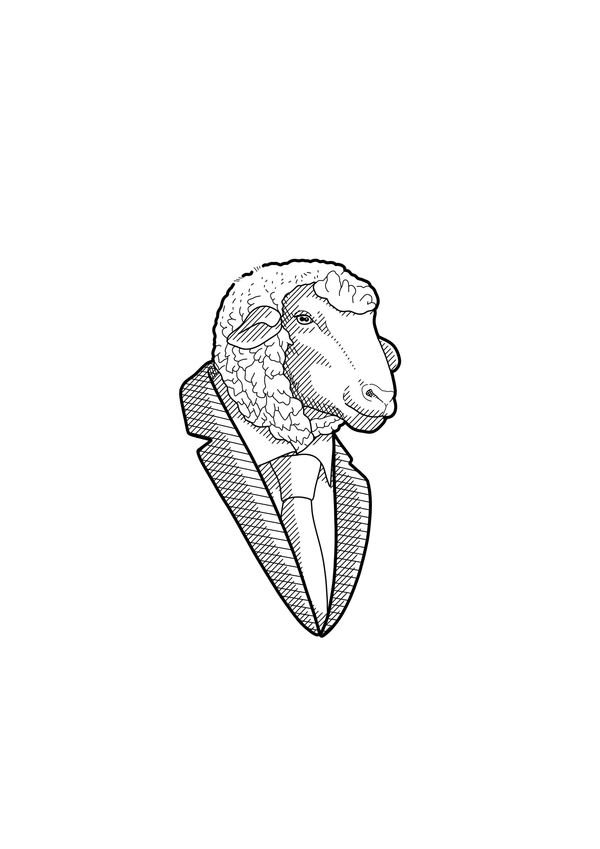 An illustration of a sheep with a human body, dressed in a suit and tie, with a goat's head.