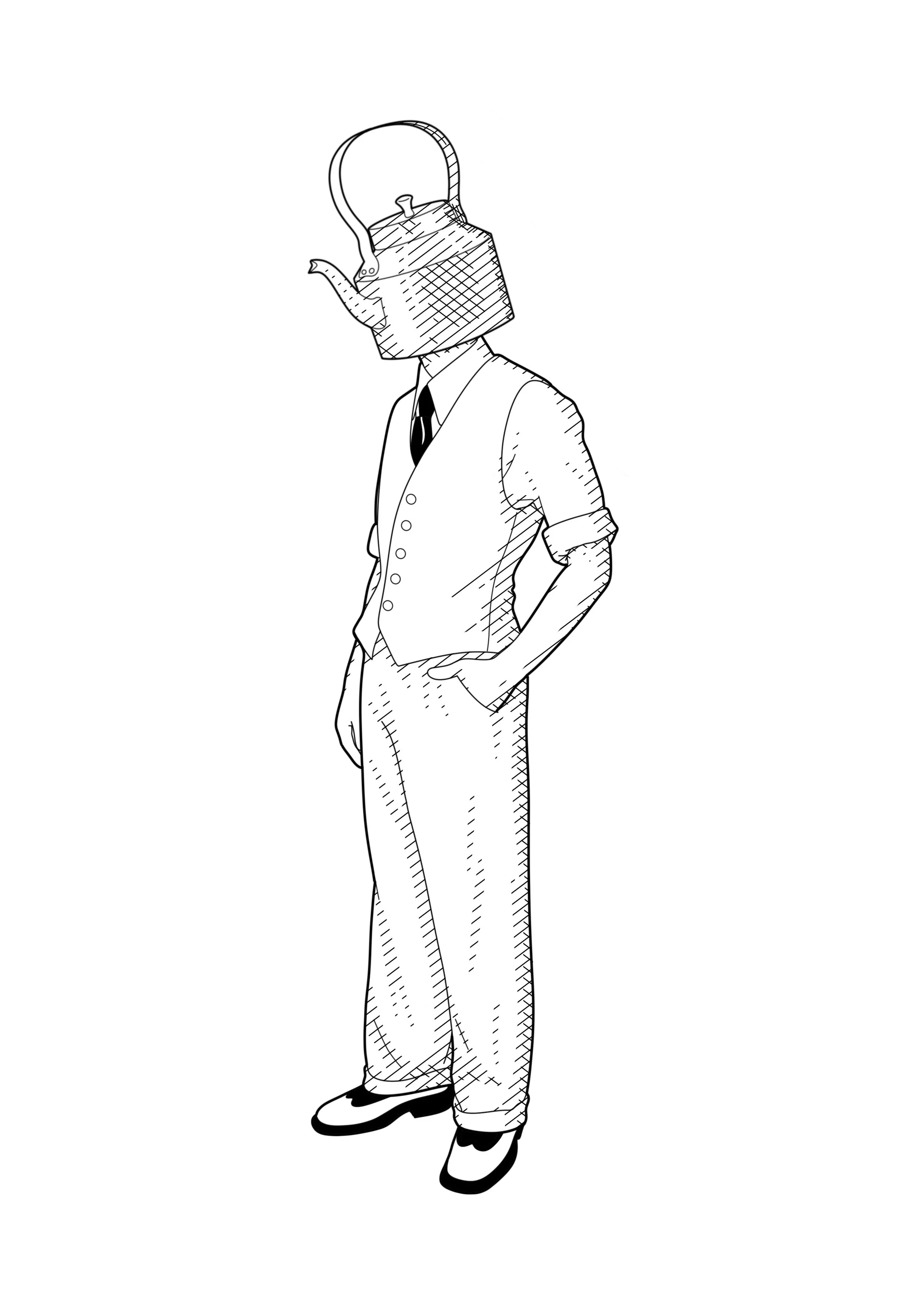 Line drawing of a man in a suit with his hands in his pockets, wearing tie, dress shirt, and dress shoes, with a kettle on his head.