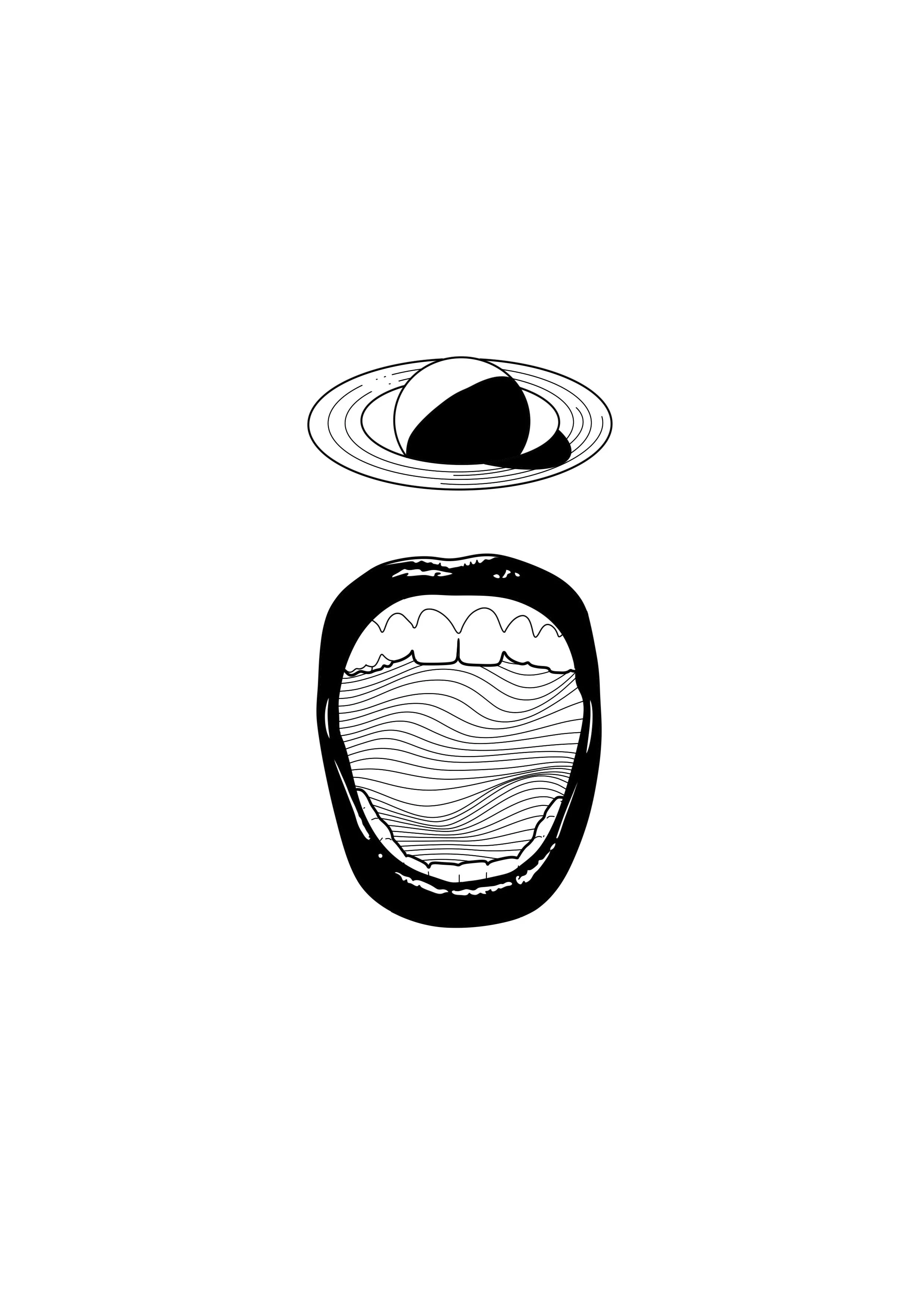 An abstract black and white tattoo illustration of a person's face with their mouth wide open, showing teeth and tongue, with a stylized planet and rings for an eye. By Nick Whybrow, Camden, London
