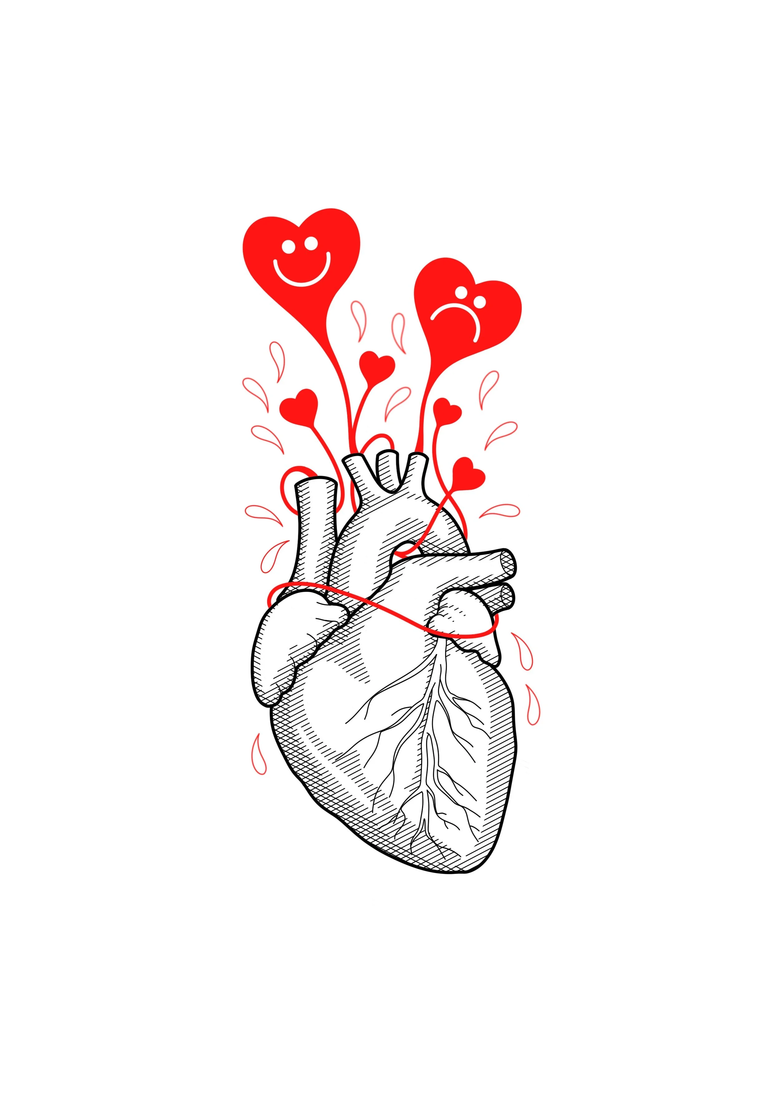 A black and white sketch of a human heart with red hearts and red lines representing blood flowing from it. Some of the red hearts have smiling or frowning faces.