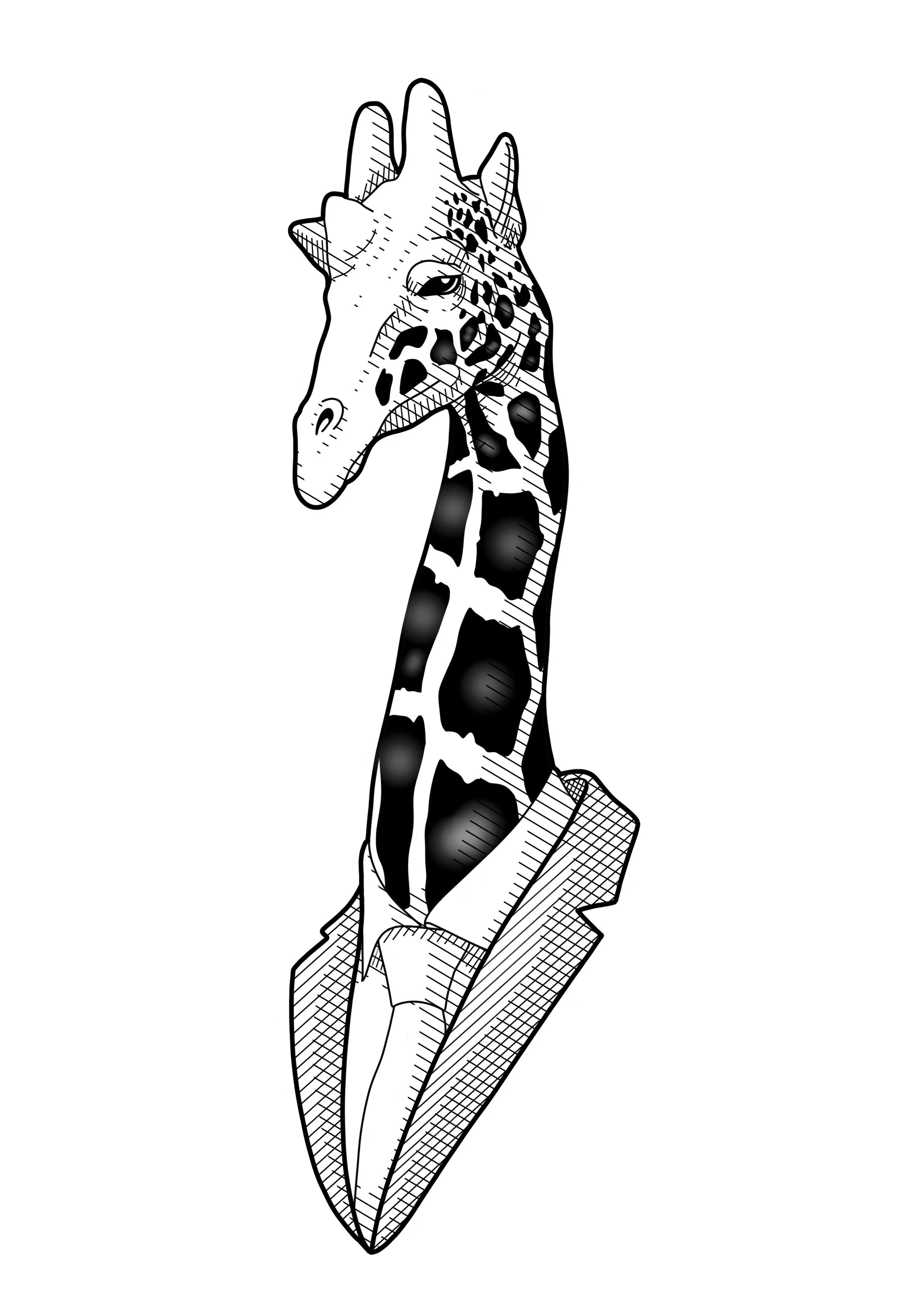 Black and white illustration of a giraffe's head and neck, being held by a human hand.