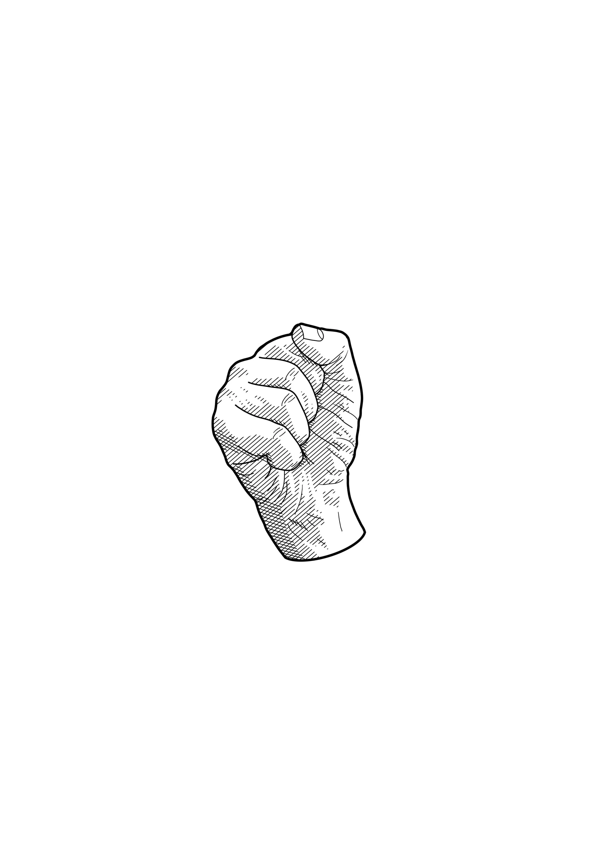 A detailed black and white drawing of a clenched fist.