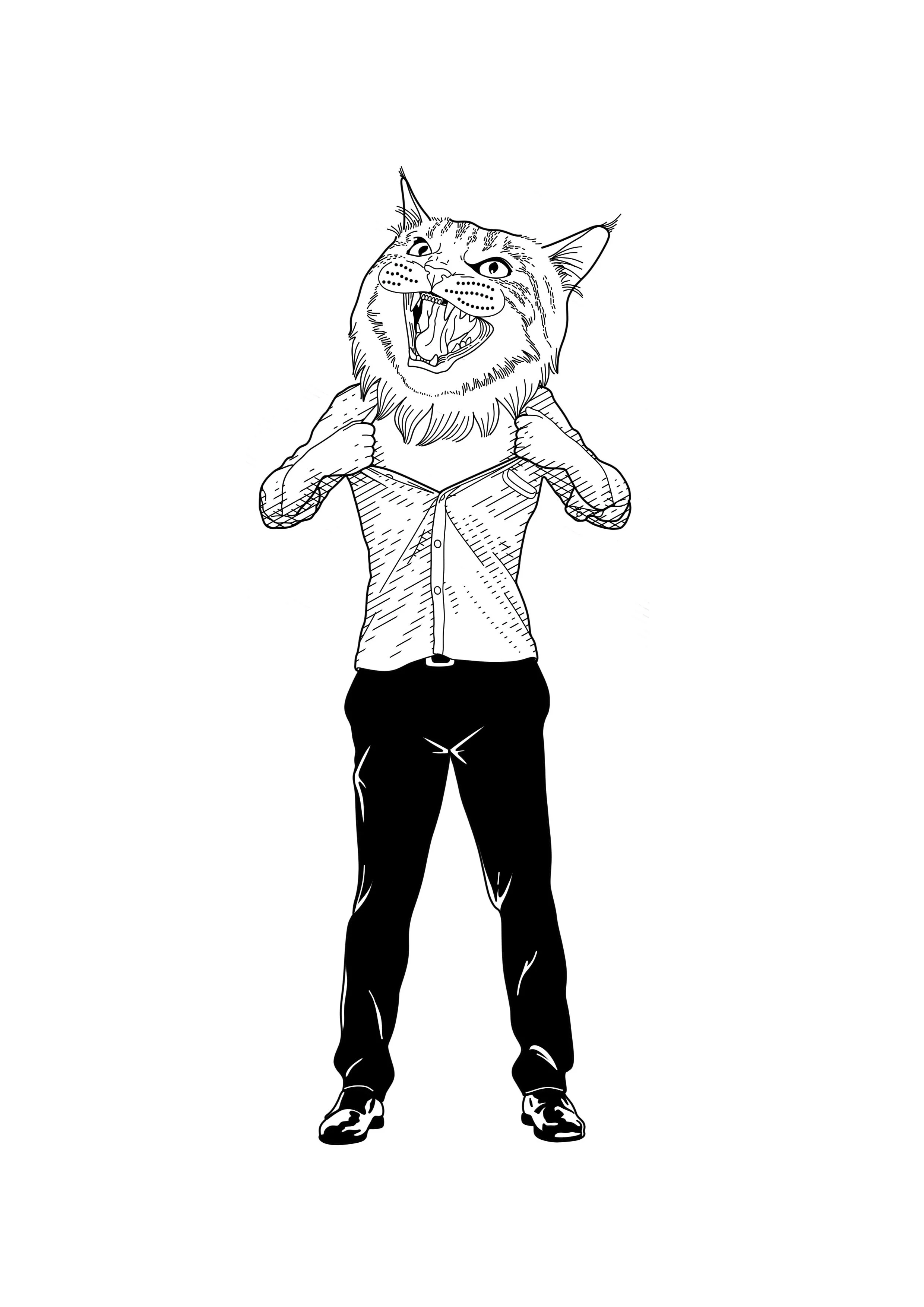 Black and white line drawing of a person with a lion's head, dressed in a button-up shirt, pants, and sneakers, standing with hands pulling open the shirt to reveal the lion's head.