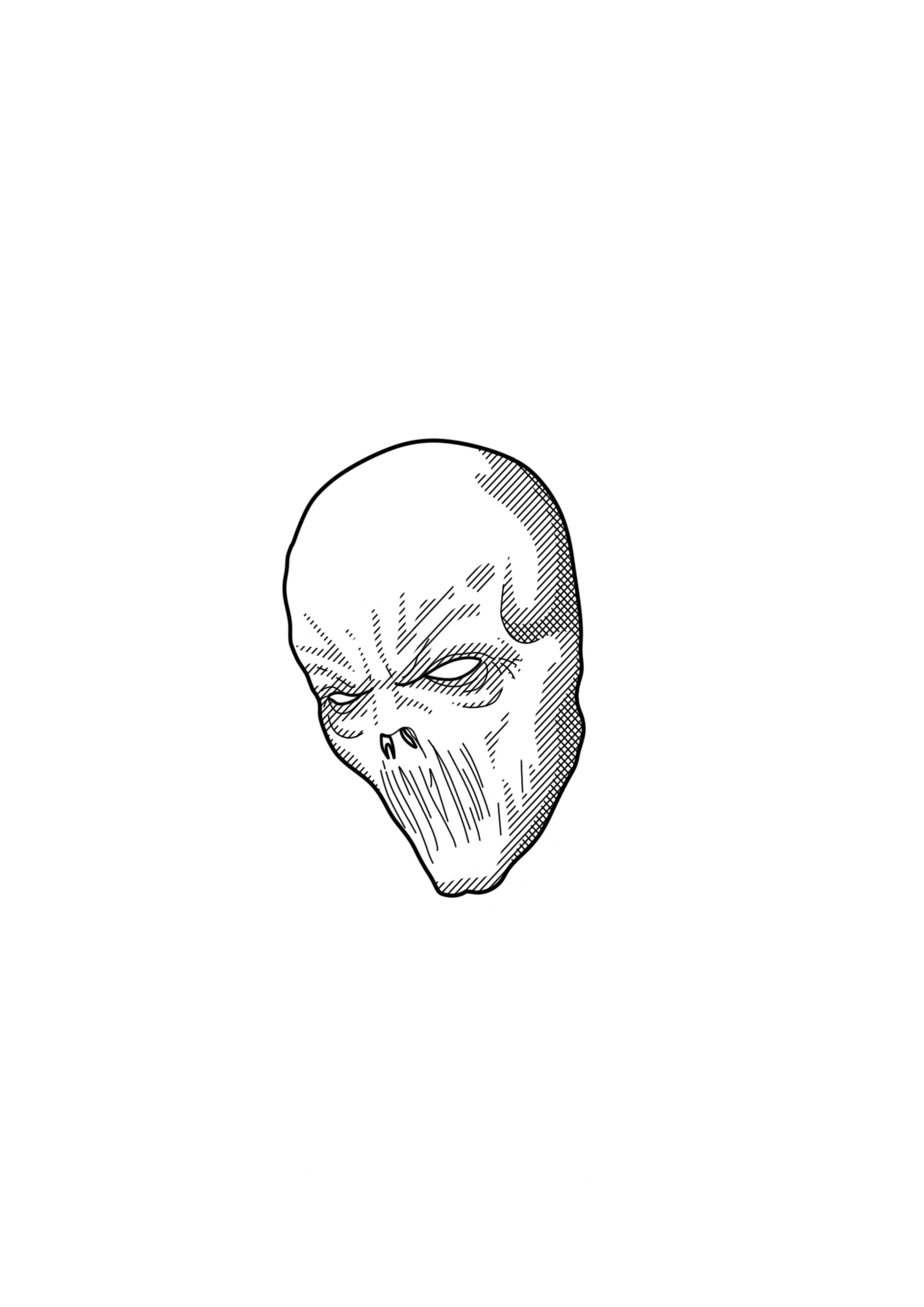 Black and white illustration of a skull with a distorted, elongated shape. By Nick Whybrow