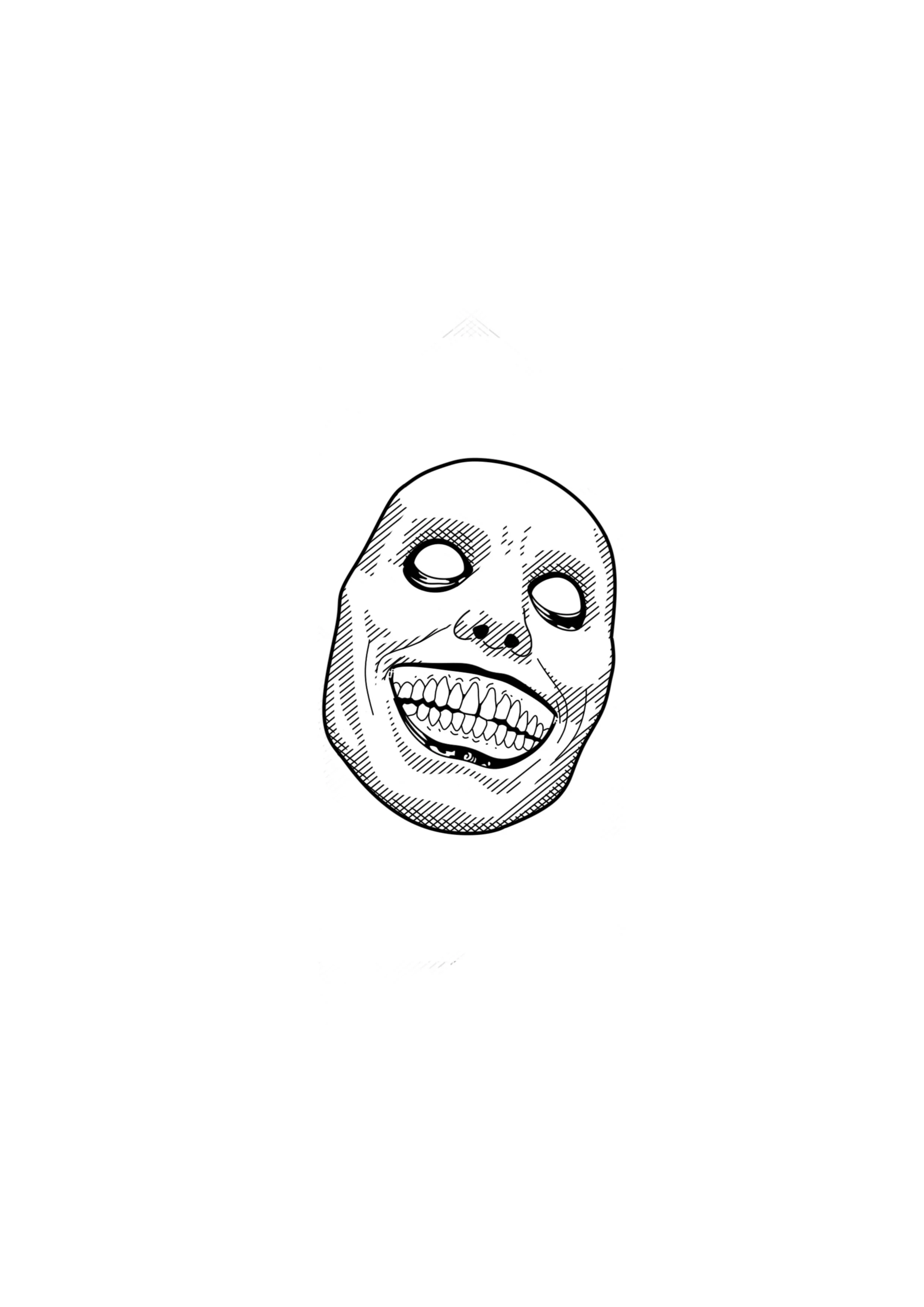 Black and white ietching tattoo design of a smiling maniacal clown or mime with exaggerated facial features, including a broad smile and hollow eyes. By Nick Whybrow, Camden, London.