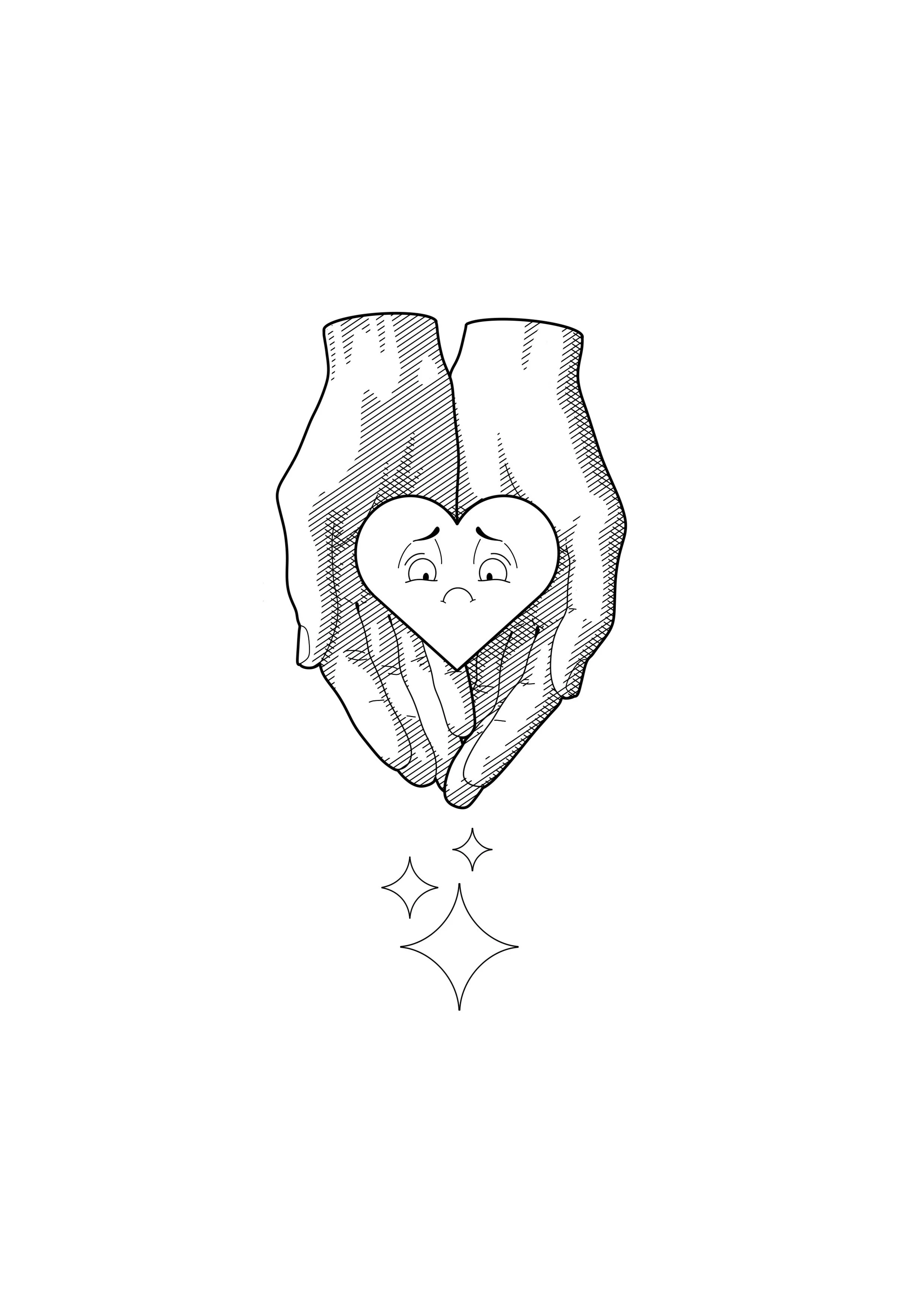 illustrative tattoo design of a heart with a worried face inside it, held by two hands, with stars around below. By Nick Whybrow, Camden, London