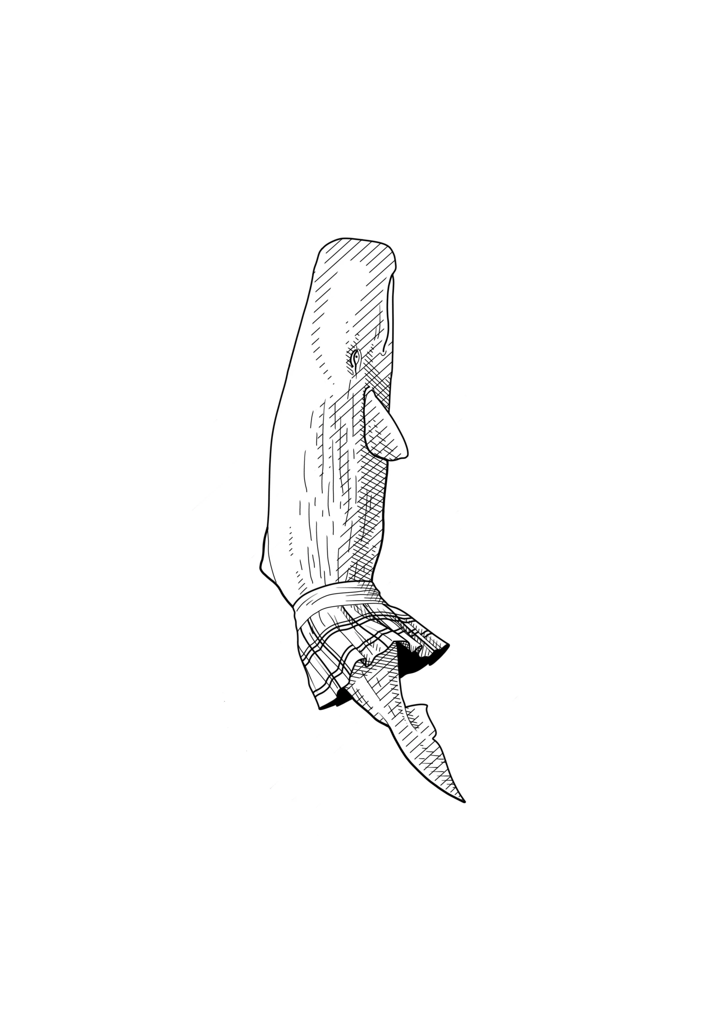A detailed black and white illustration of a person's arm and hand. The arm is extended downward, with the hand flashlight with its fingers pointing downward. The person is wearing a plaid shirt sleeve that is slightly rolled up.