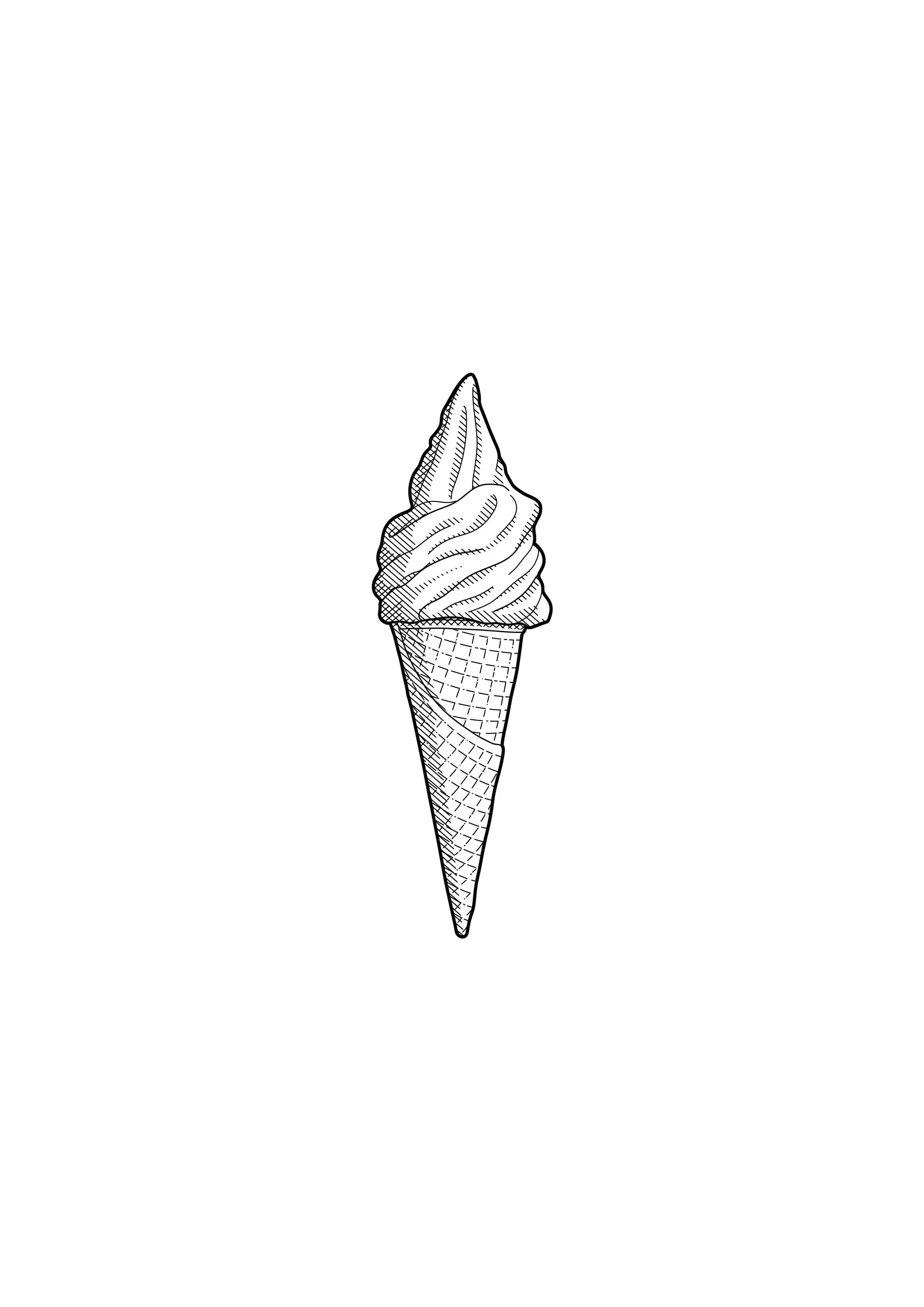 Black and white illustration style tattoo design of an ice cream cone with swirled soft serve ice cream. By Nick Whybrow, Camden, London