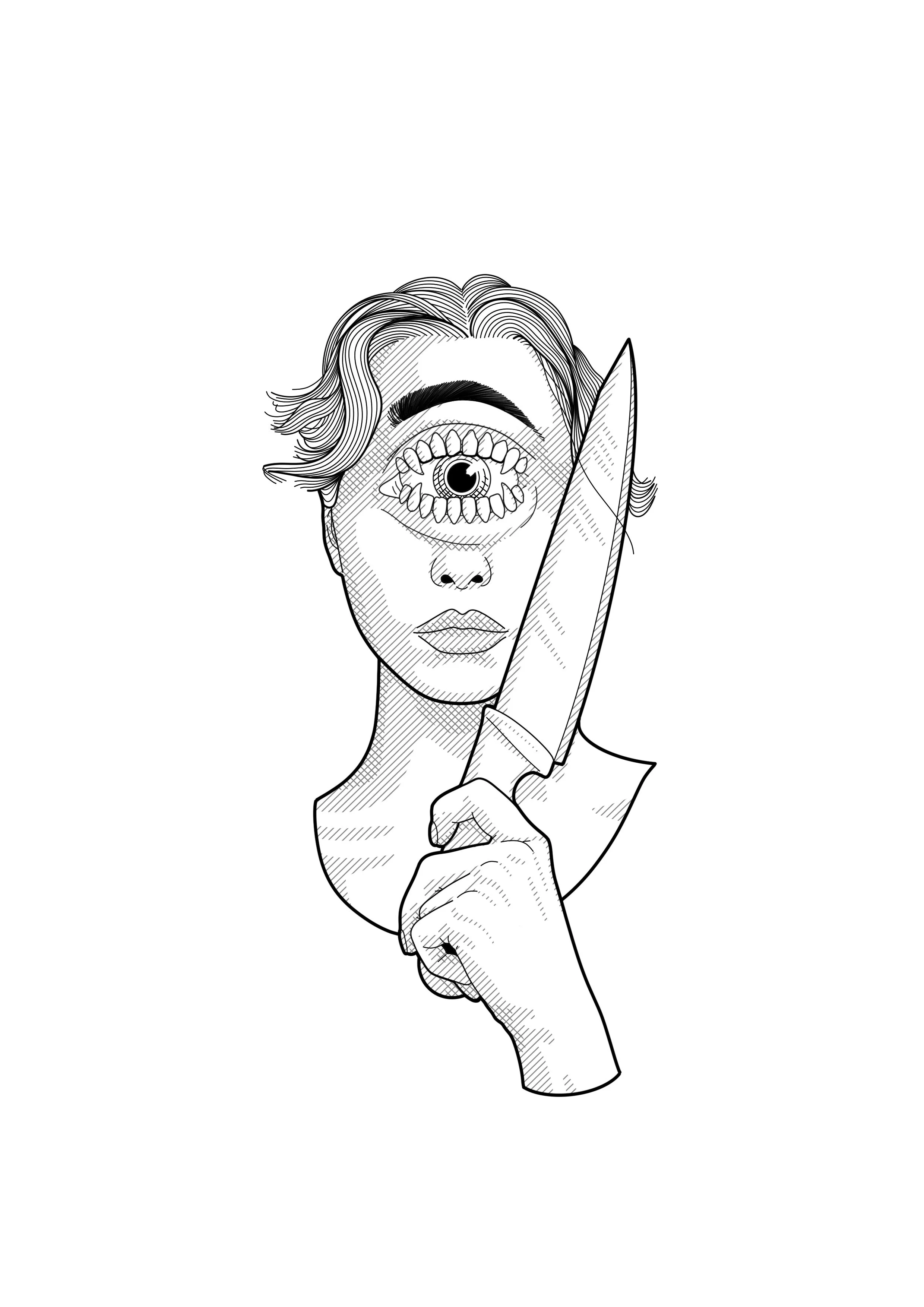 A black and white line drawing of a woman with wavy hair and bold eyebrows holding a large kitchen knife against her face, with her eye replaced by a giant eye. By Nick Whybrow, Camden, London