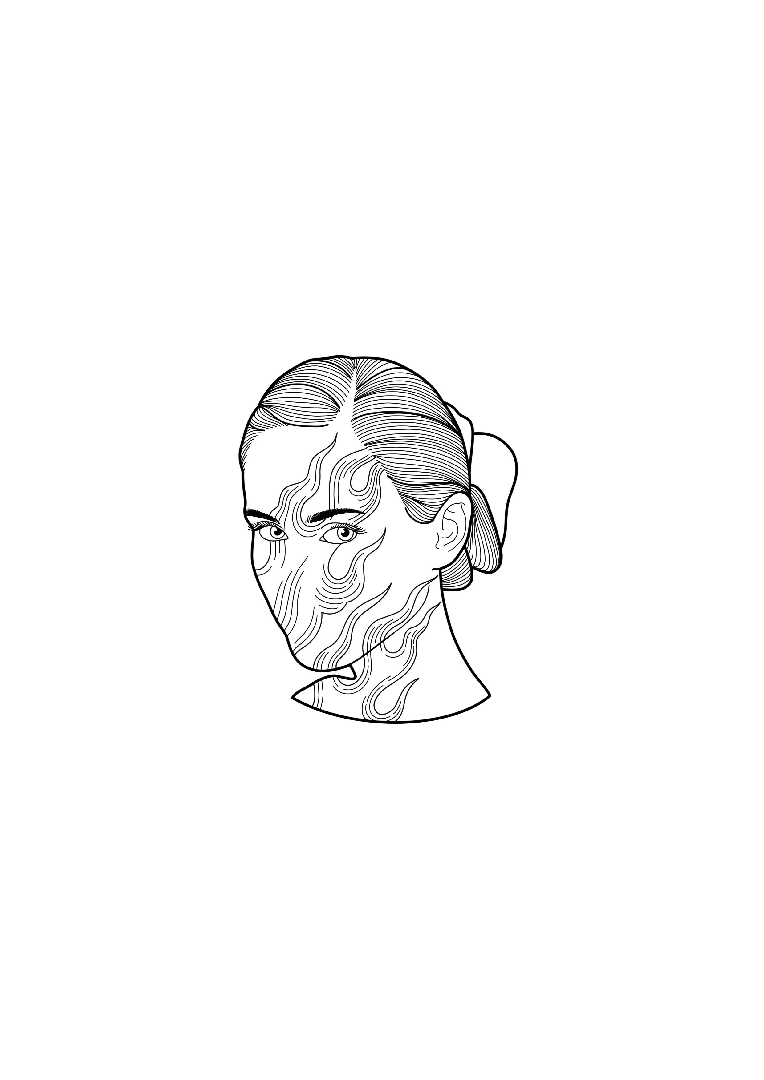 Line art illustration of a woman with flowing hair, with stylized lines on her face and neck.