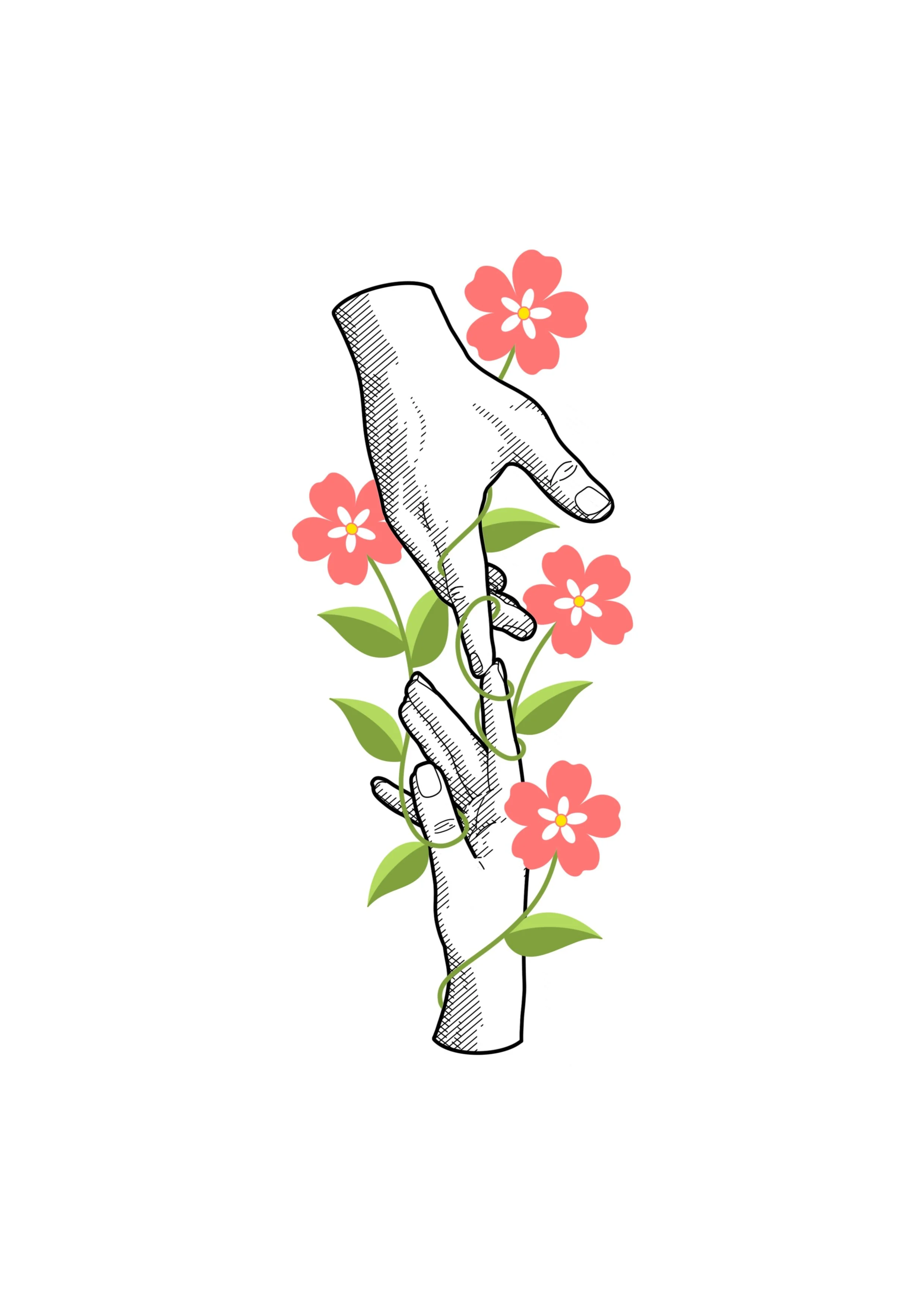 Illustration of a sketch-style hand with detailed lines, holding a green vine with pink flowers, some of which have white petals and yellow centers.