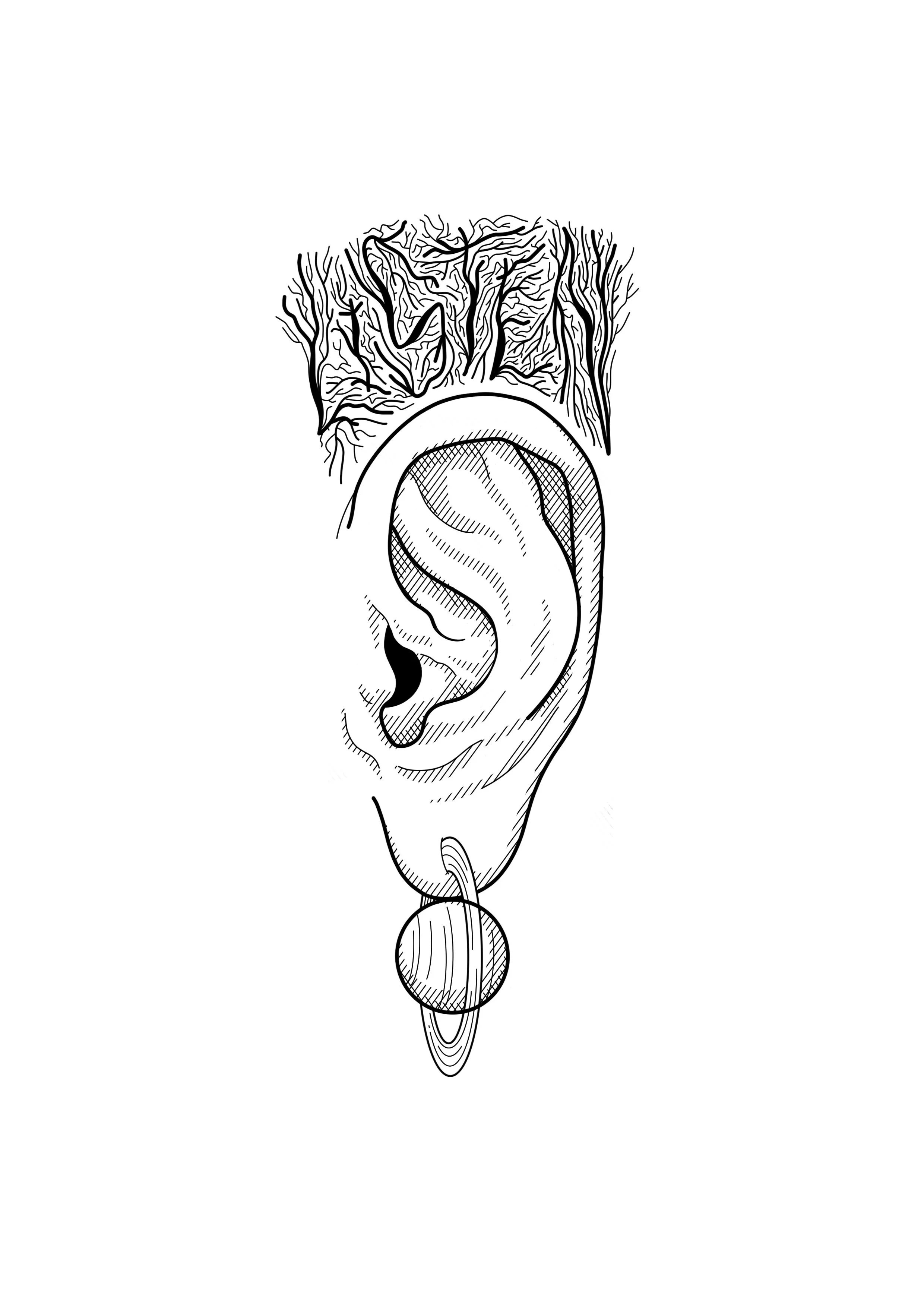 Black and white etching tattoo design of an ear with a black metal styled word on top, with a small sphere or ball attached to a string hanging below the ear. By Nick Whybrow, Camden, London.
