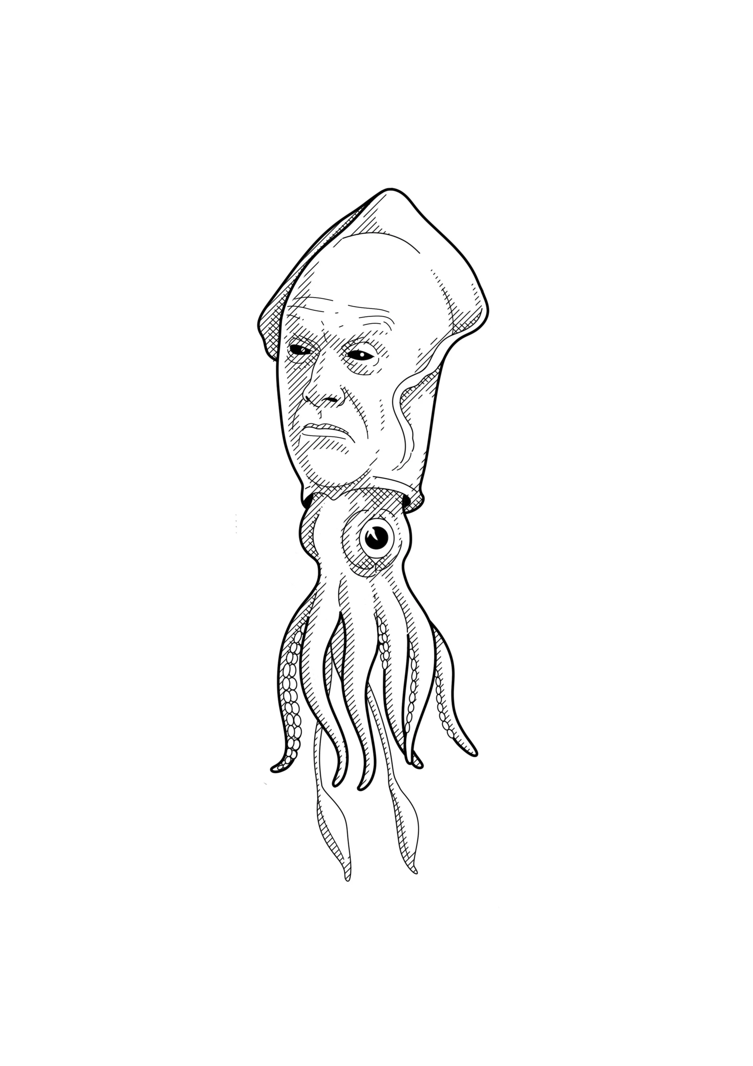 A black and white illustration of a squid with a human face.