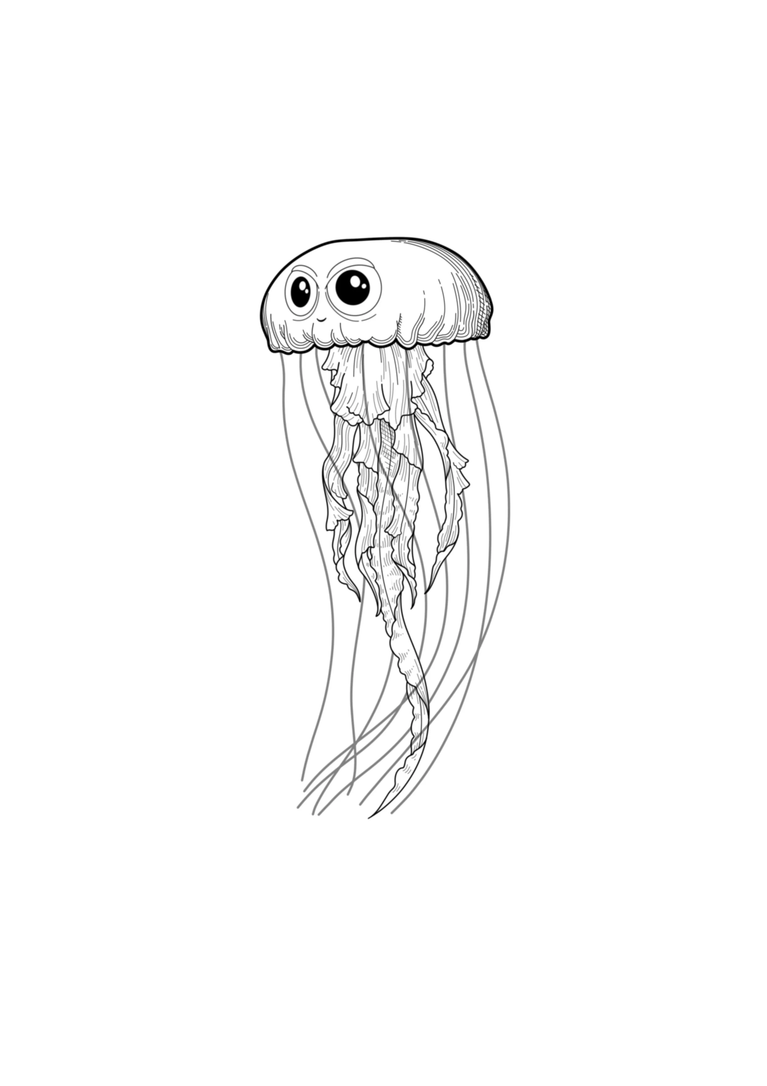 Line drawing of a jellyfish with large, expressive eyes and a textured bell, floating in a blank background.