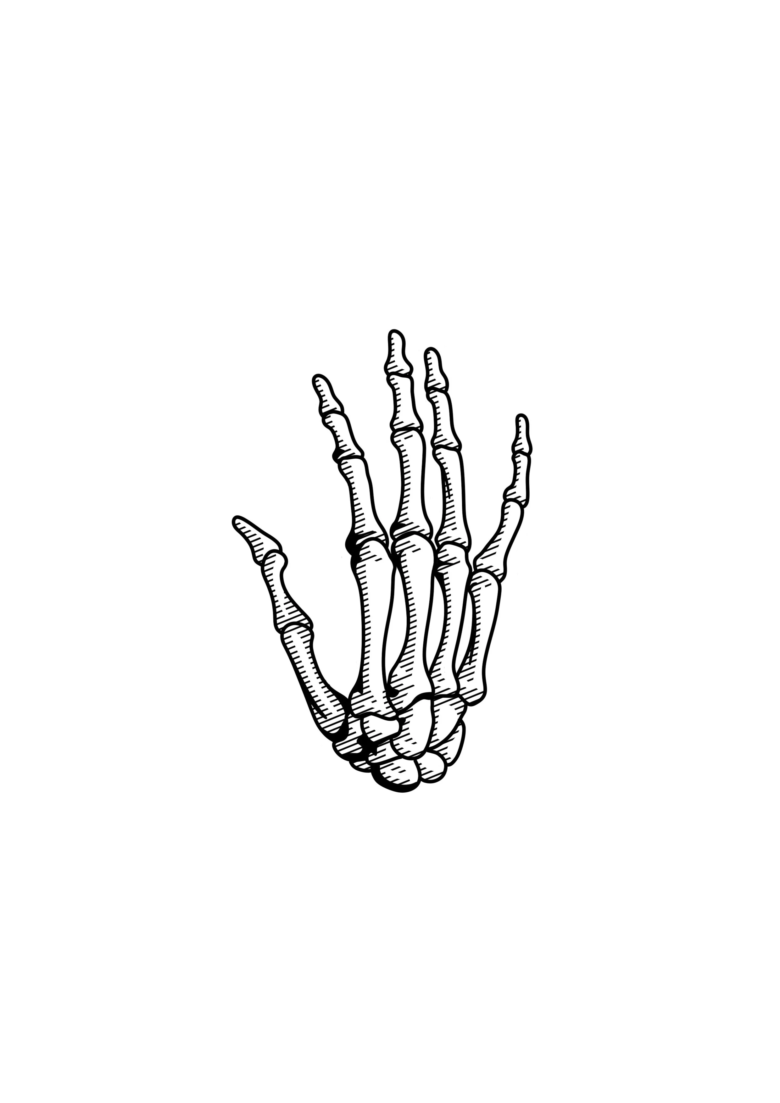 Black and white illustration of a skeletal hand clasped in a prayer position.