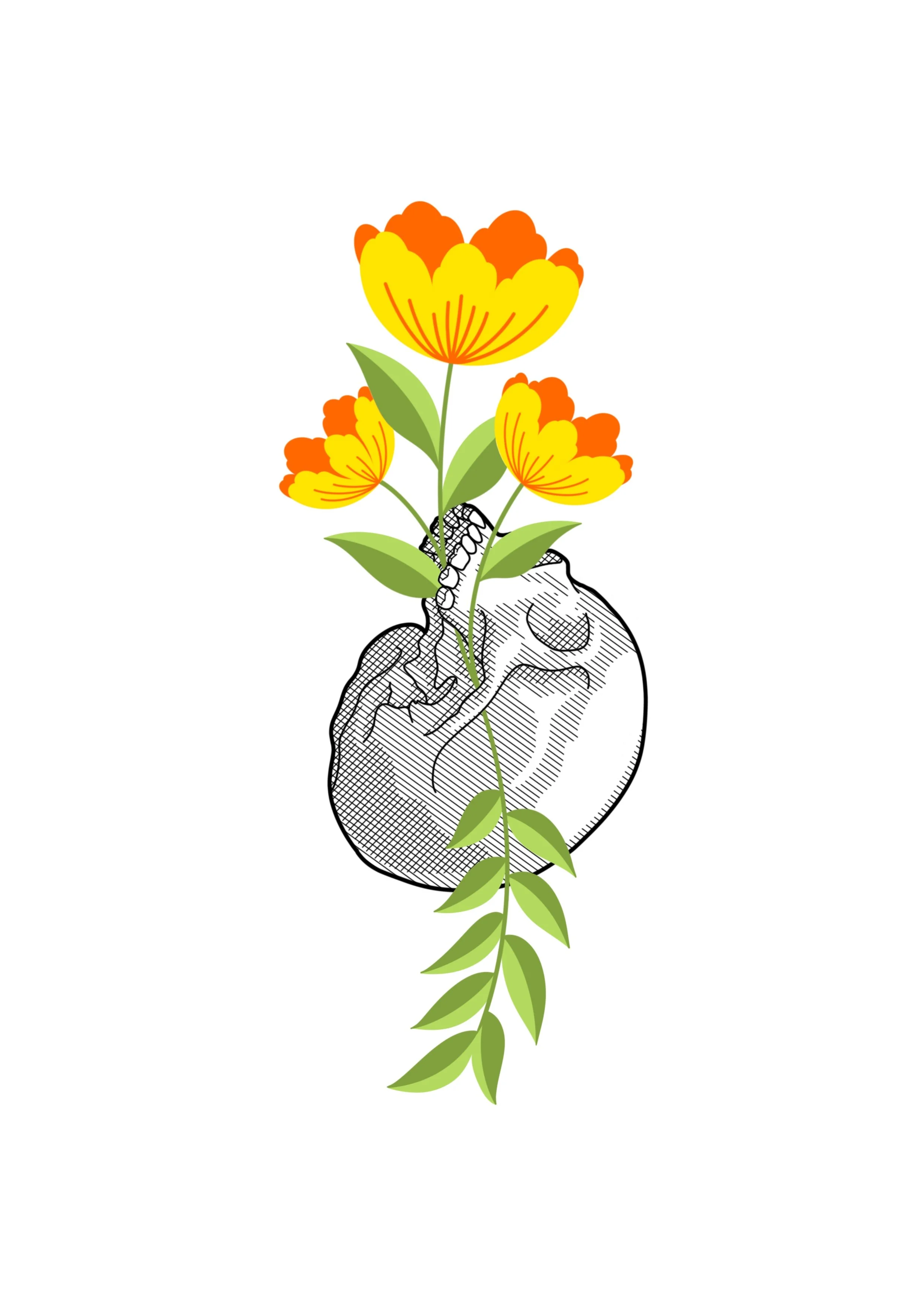 A drawing of a hand holding a skull with a blooming plant growing from it, symbolizing life and renewal.
