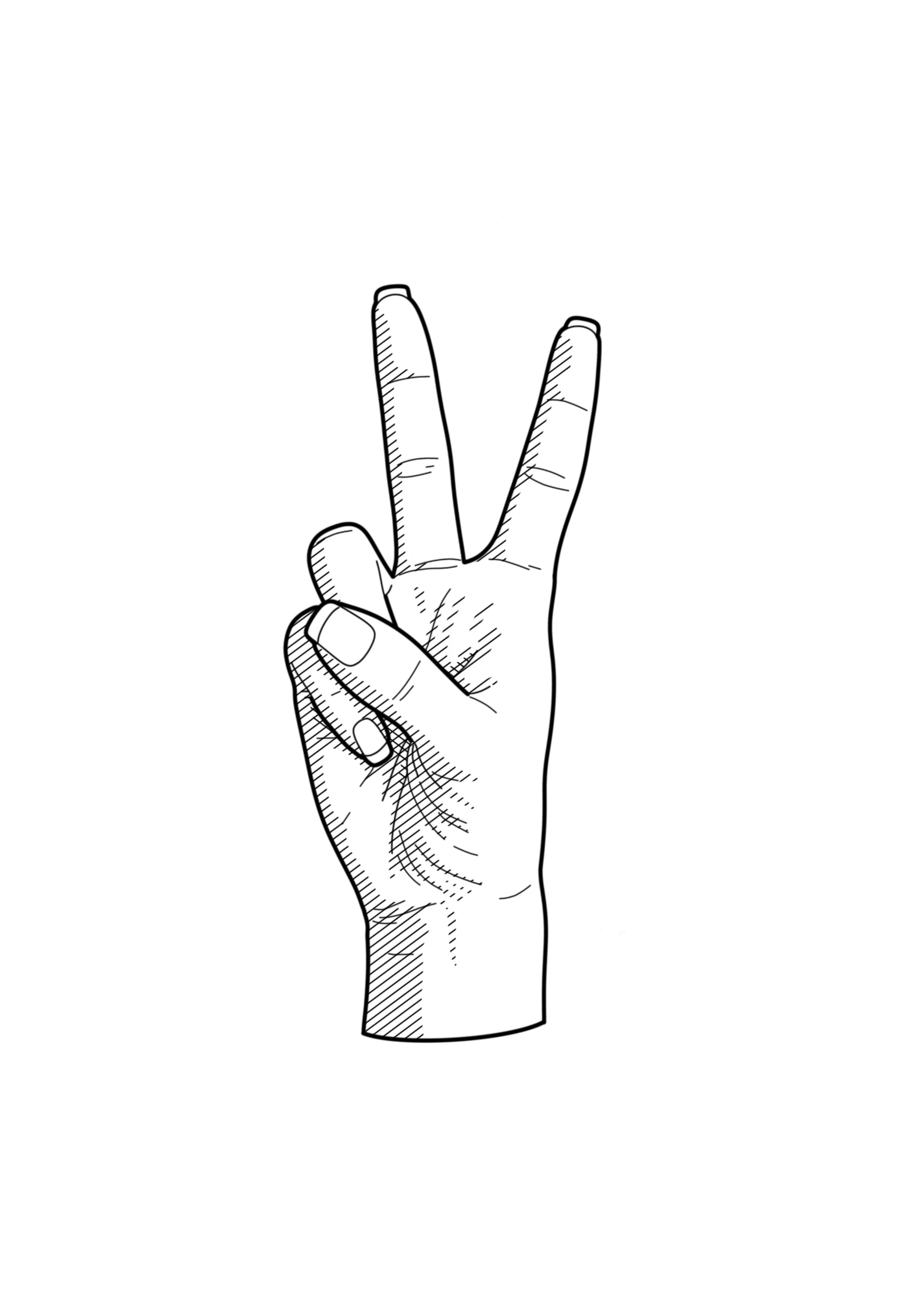 Black and white sketch of a hand making a peace sign, with the index and middle fingers extended and separated, and the thumb holding down the ring and pinky fingers.