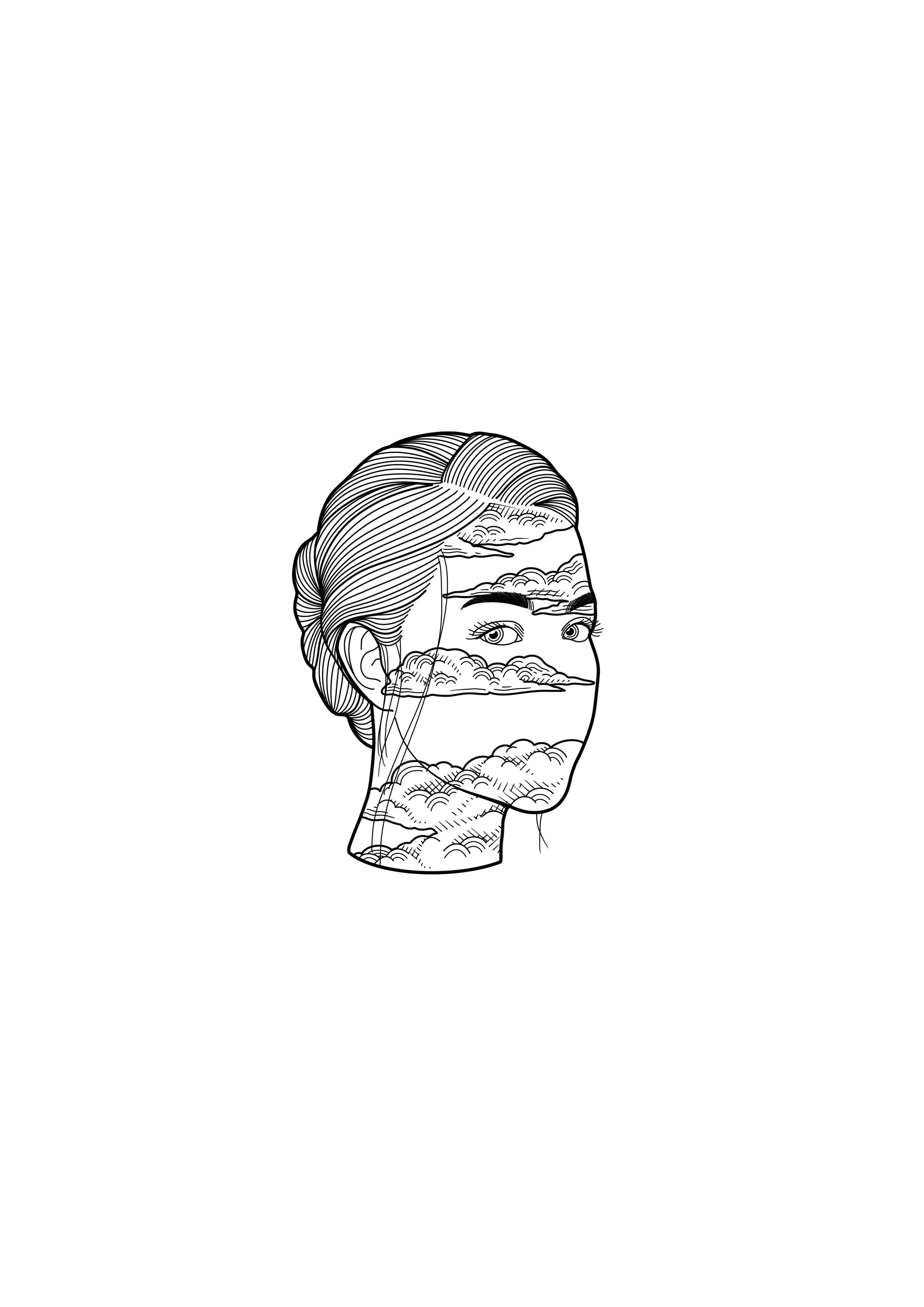 Line art of a woman's head with clouds and sky patterns integrated into her hair and face.