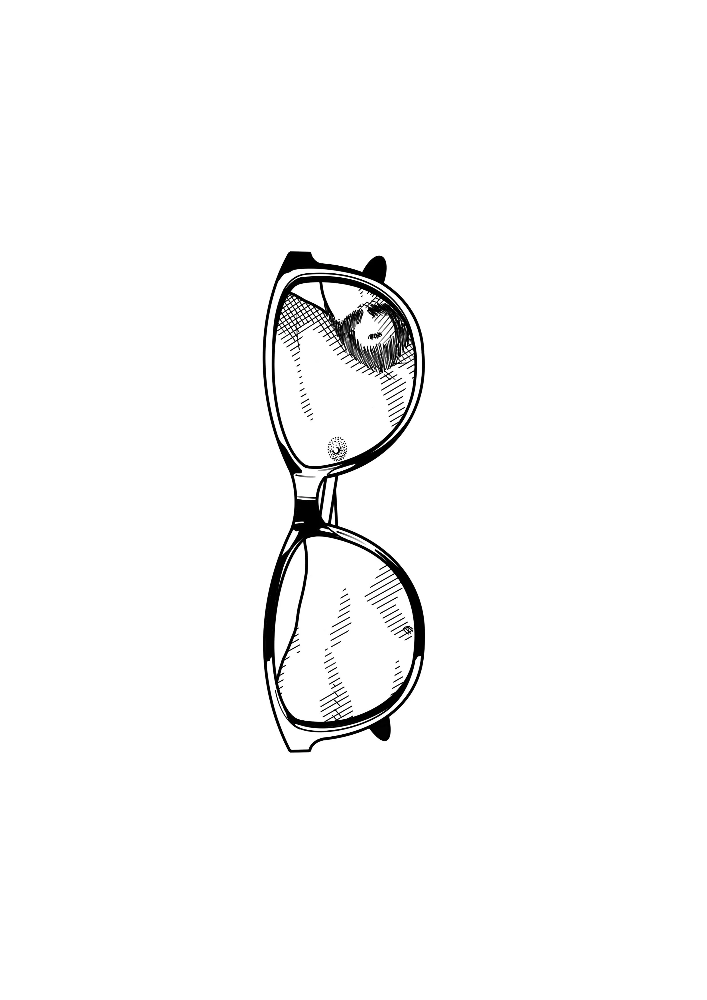Black and white drawing of eyeglasses with a reflection of a woman and a tennis racket in the lenses.