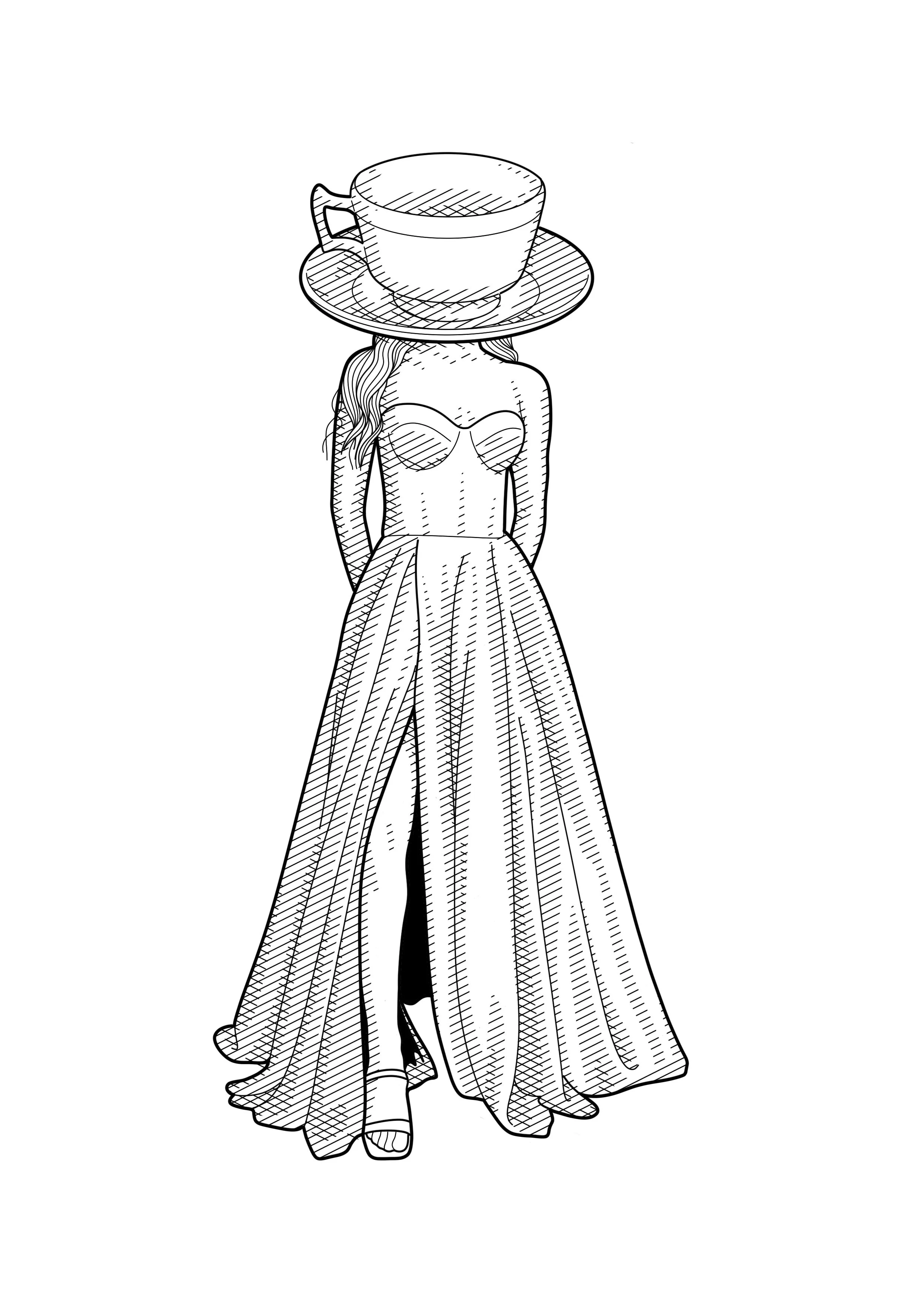 A line drawing of a woman in a long strapless gown, standing with her hands behind her back, wearing high heels. A large teacup and saucer are balanced on her head.