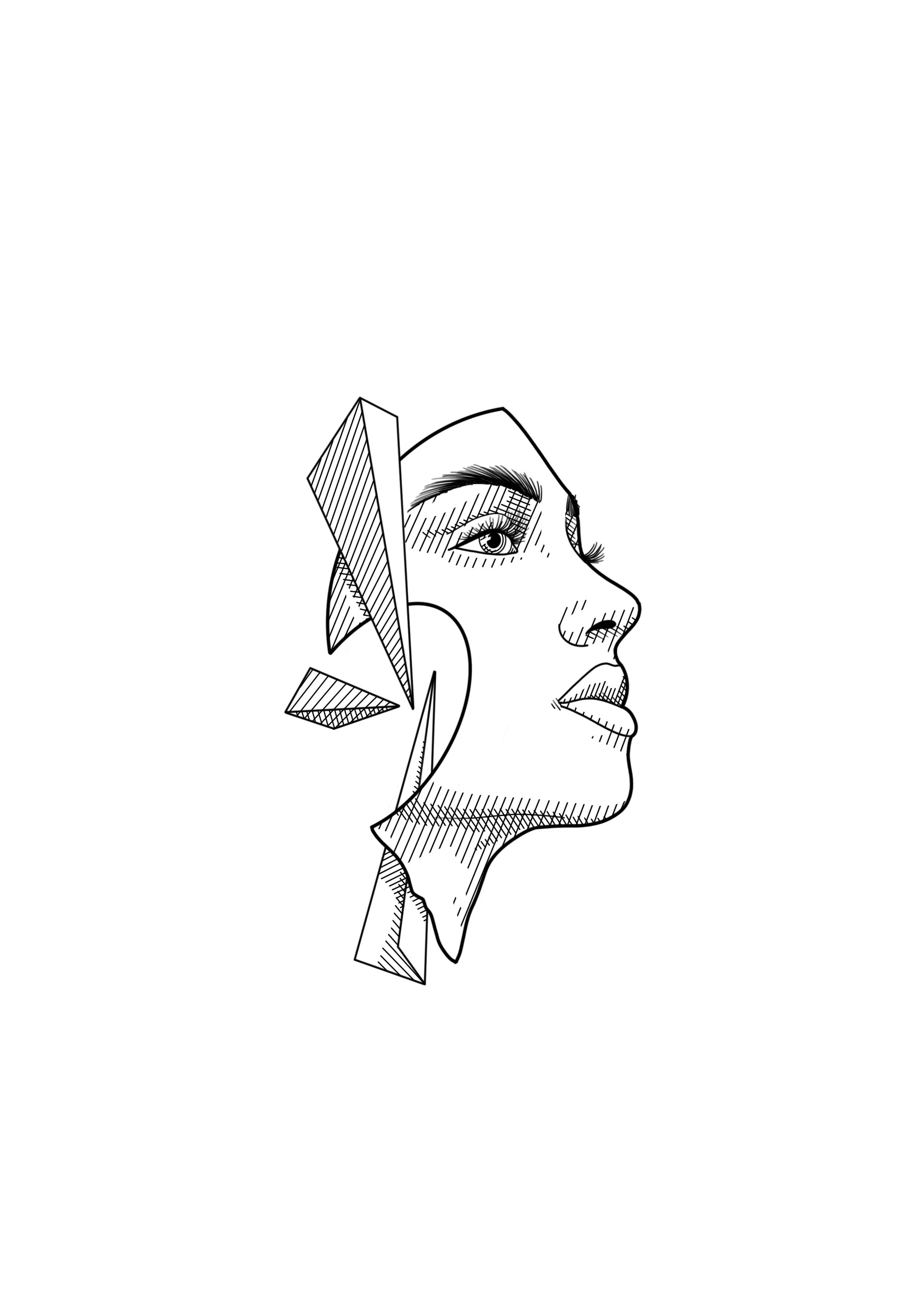 Abstract line art tattoo design of a woman's profile face, with geometric shapes and shading around her face. By Nick Whybrow, Camden, London.