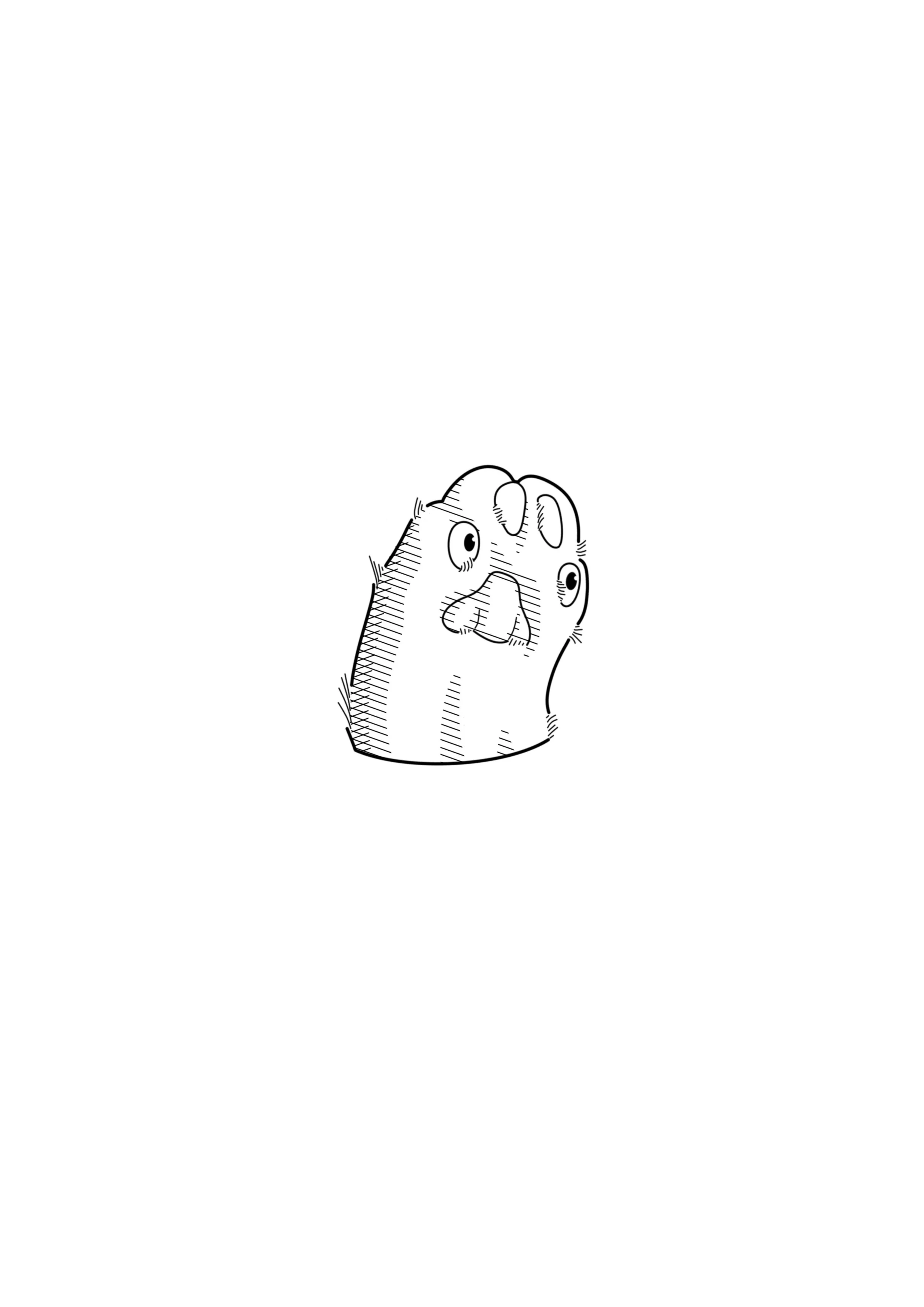 Black and white drawing of a cartoon finger character with three eyes, eyebrows, nose, and mouth, making a surprised or confused facial expression.