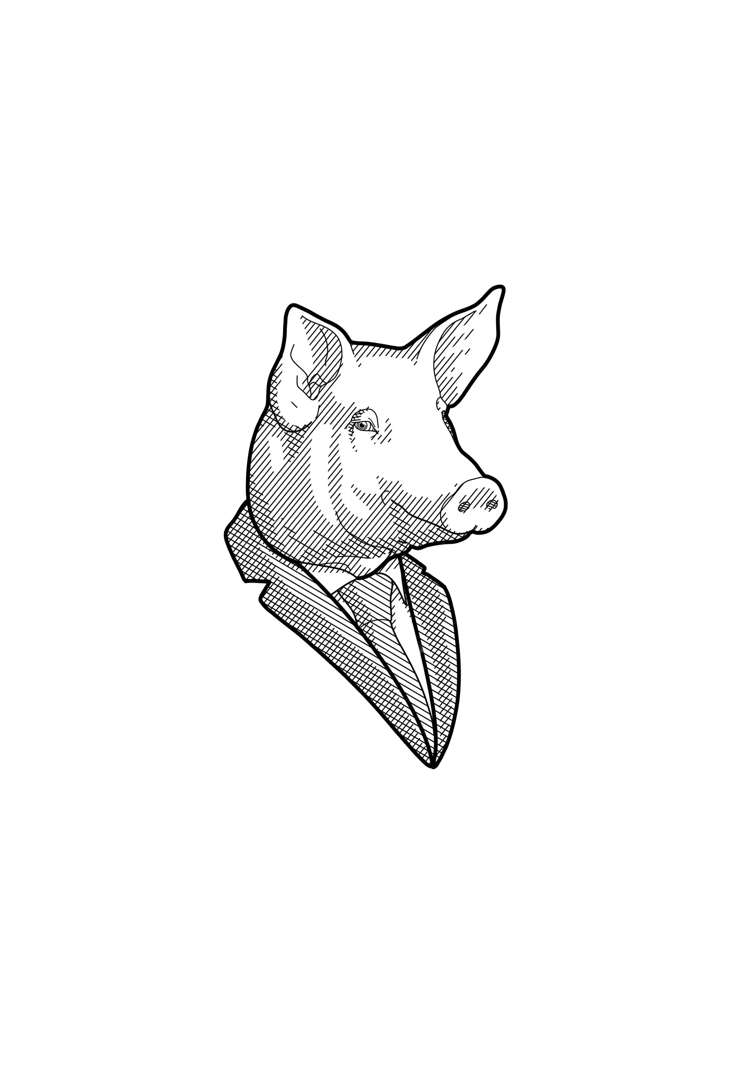 Line drawing of a pig's head wearing a suit and tie, with a serious expression, and a leaf as a body.