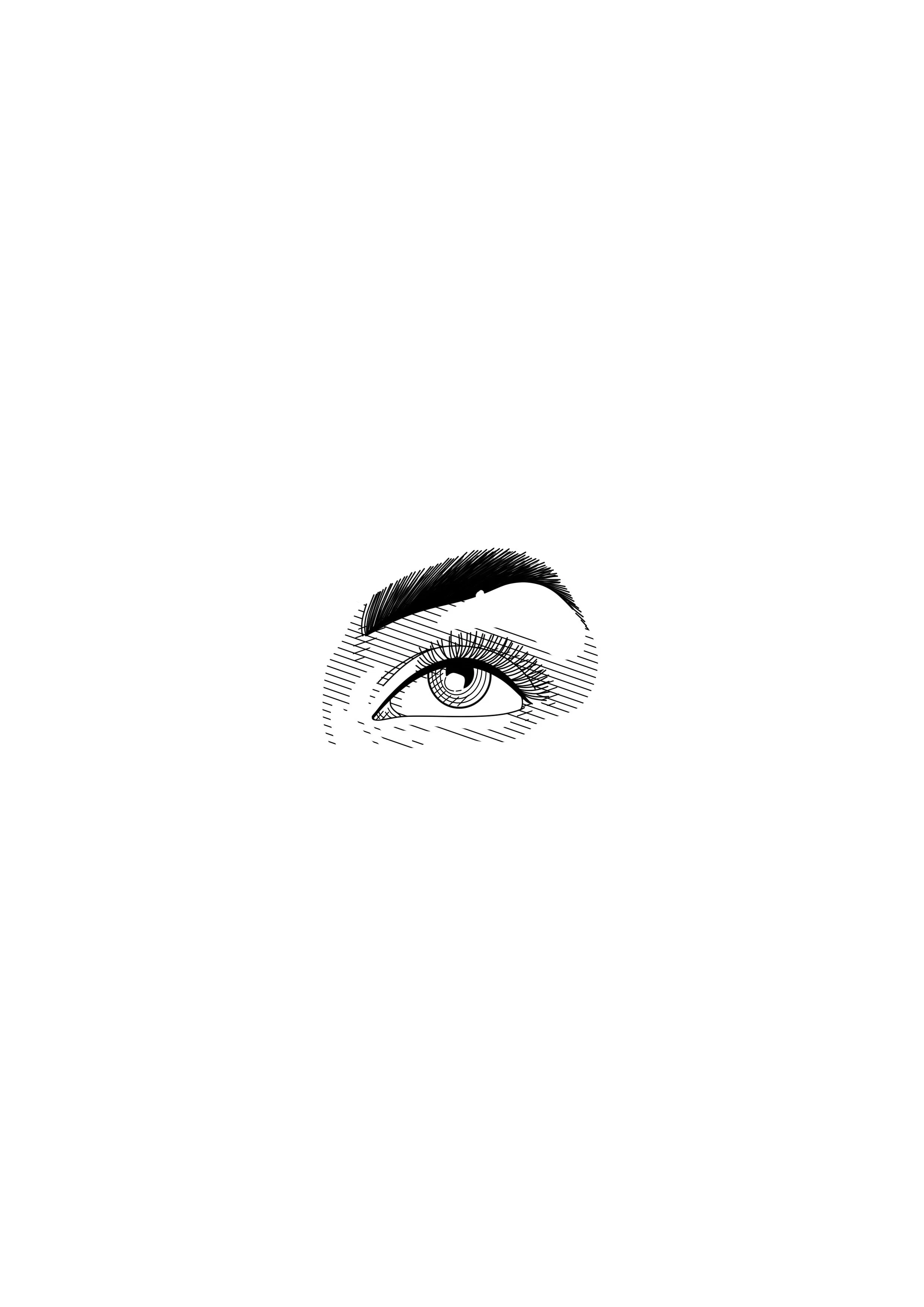 Line drawing of a human eye with detailed eyelashes, eyebrow, and iris.