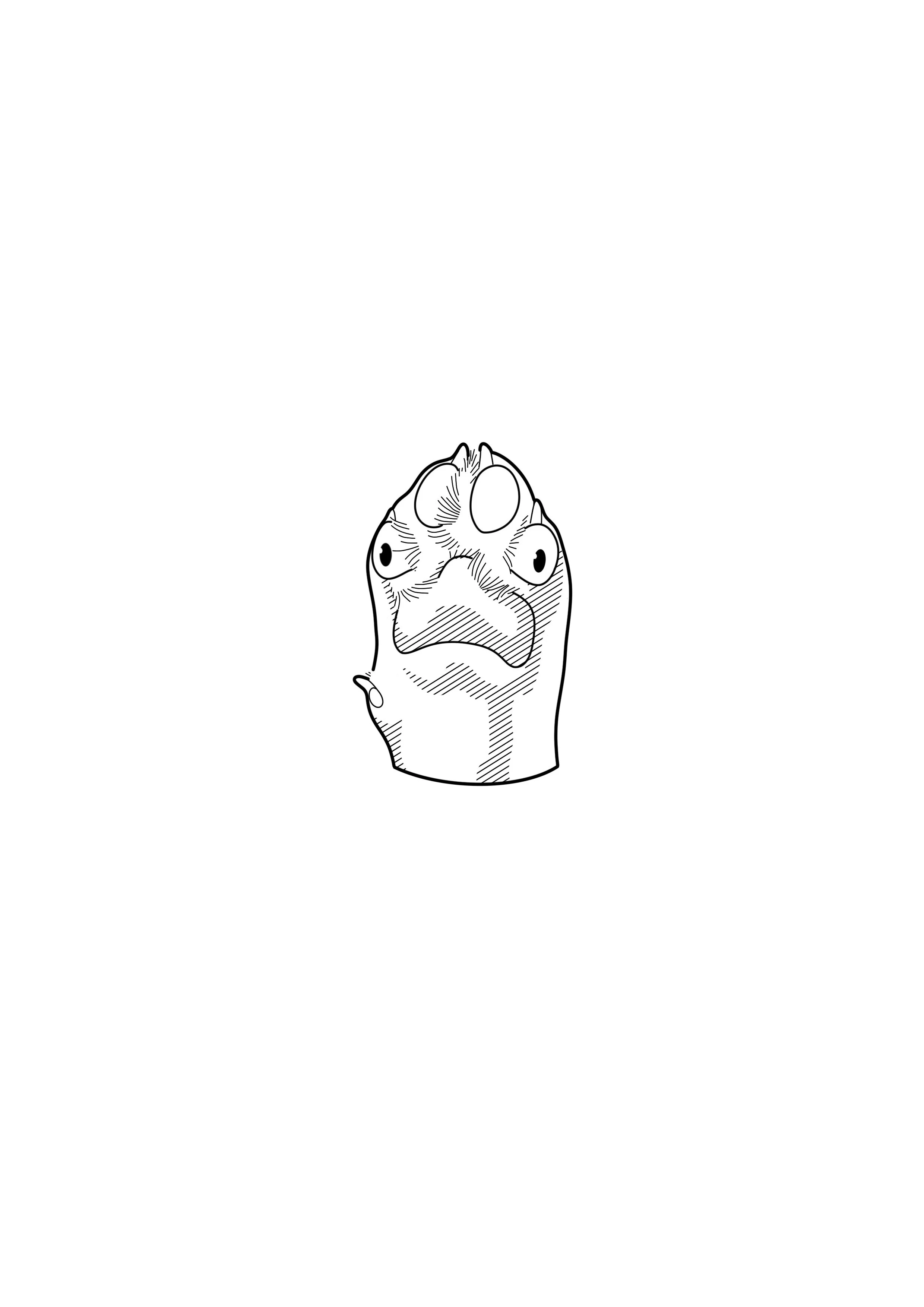 Line drawing of a dinosaur with an angry facial expression.
