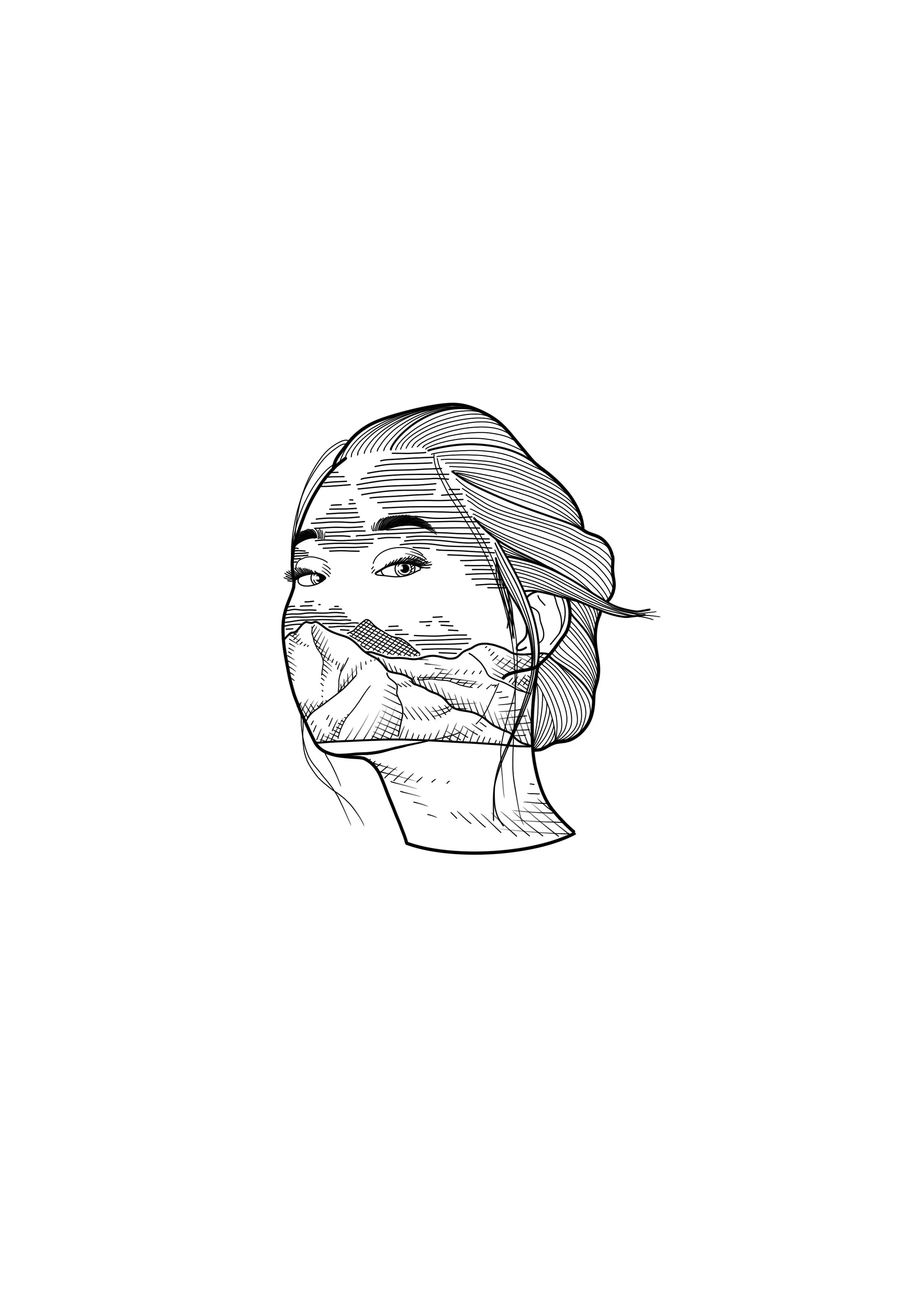 Black and white illustration of a woman's face with her hand covering her mouth, wearing a hoodie.