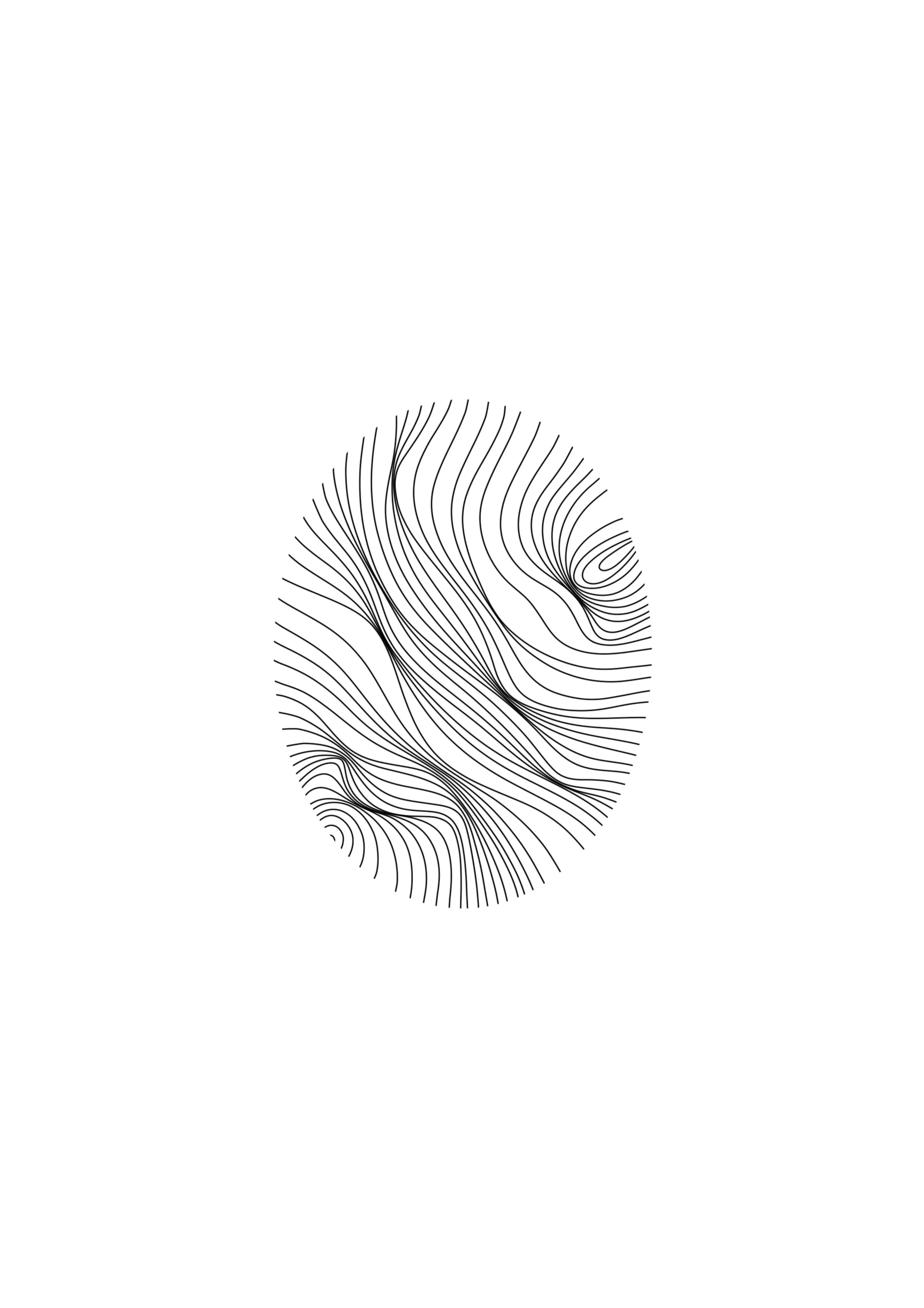Black abstract line drawing on a white background, resembling a flowing, organic shape.