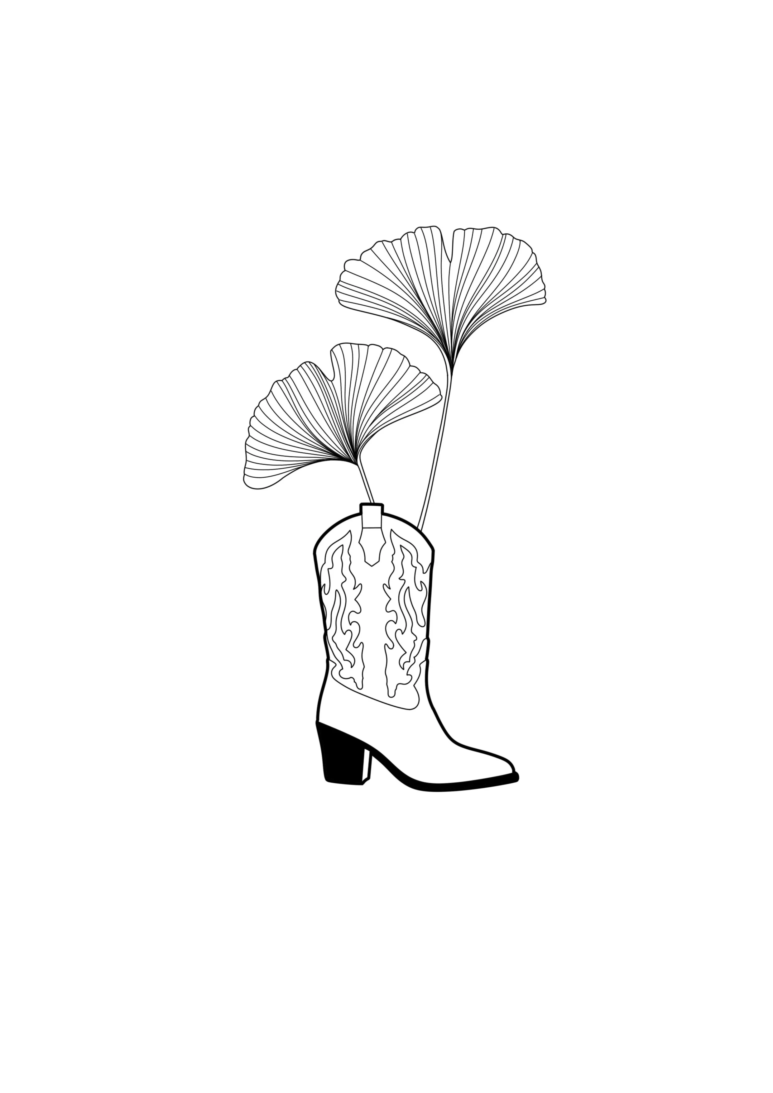 A black and white digital line drawing of a woman's leg wearing a high-heel boot, with a transparent section revealing her internal organs, and two large, stylized ginkgo leaves growing from her head.