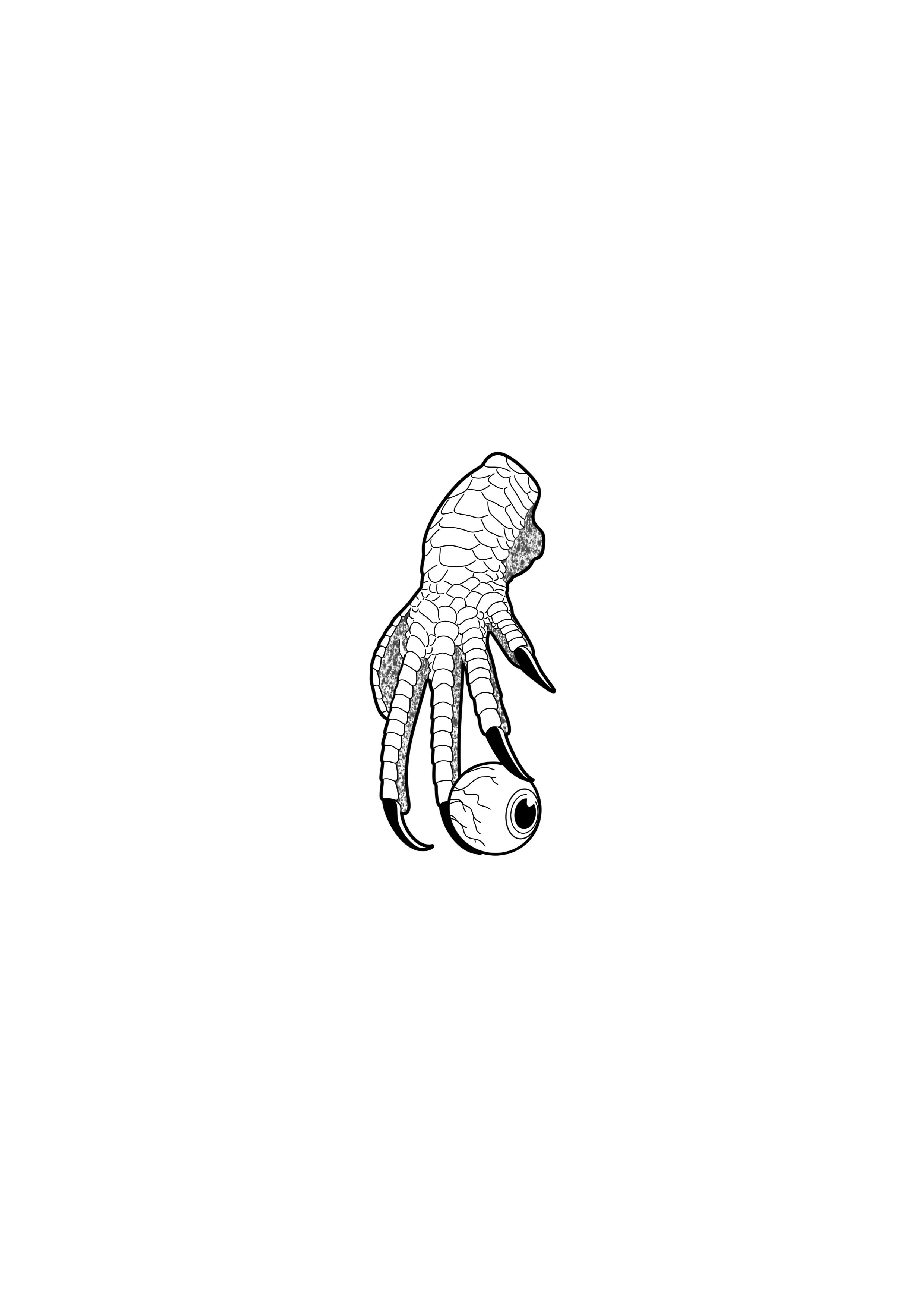 A black and white illustration of an octopus with a large eyeball.