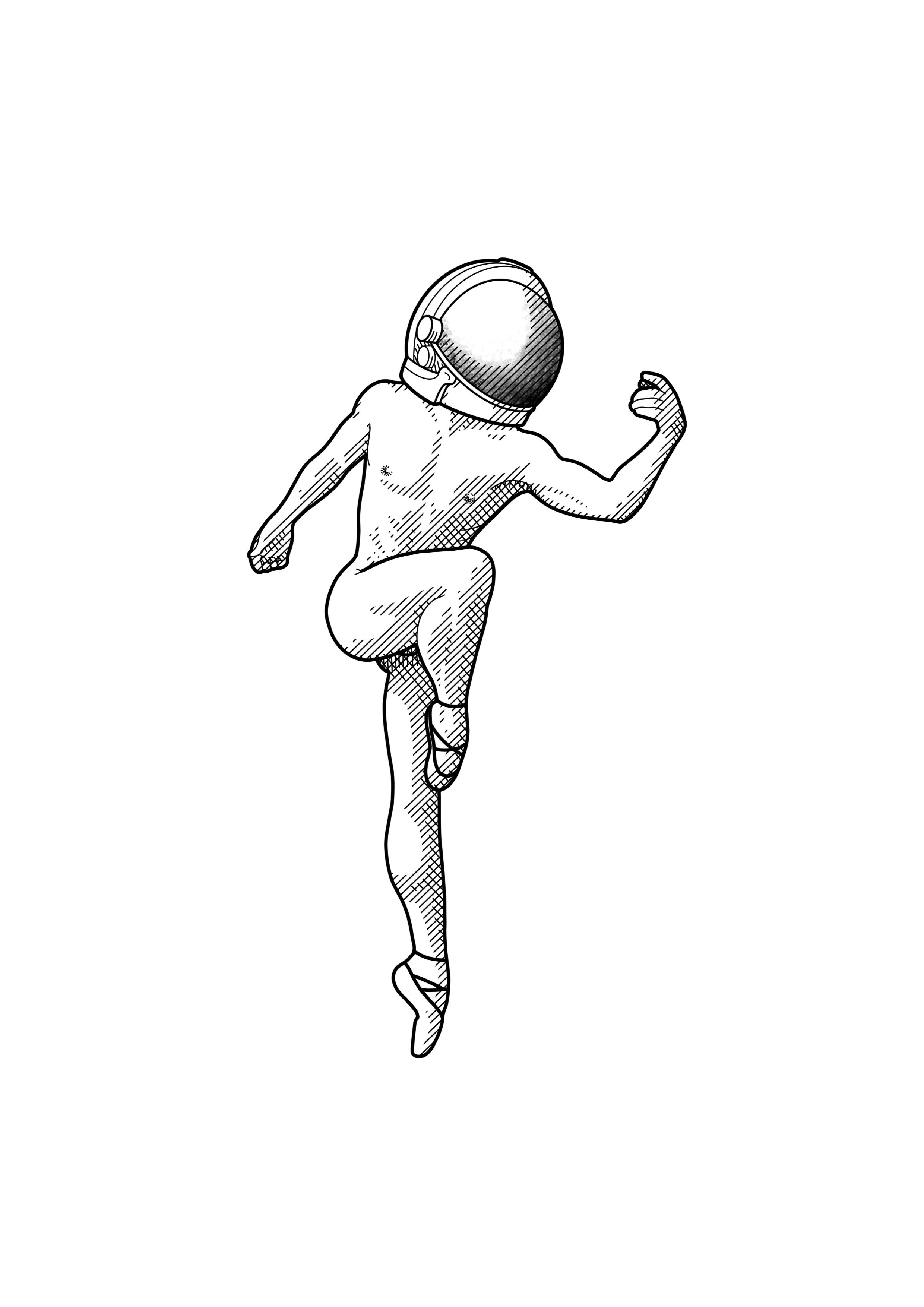 Black and white illustration of a ballerina wearing a helmet and no clothing, striking a ballet pose.
