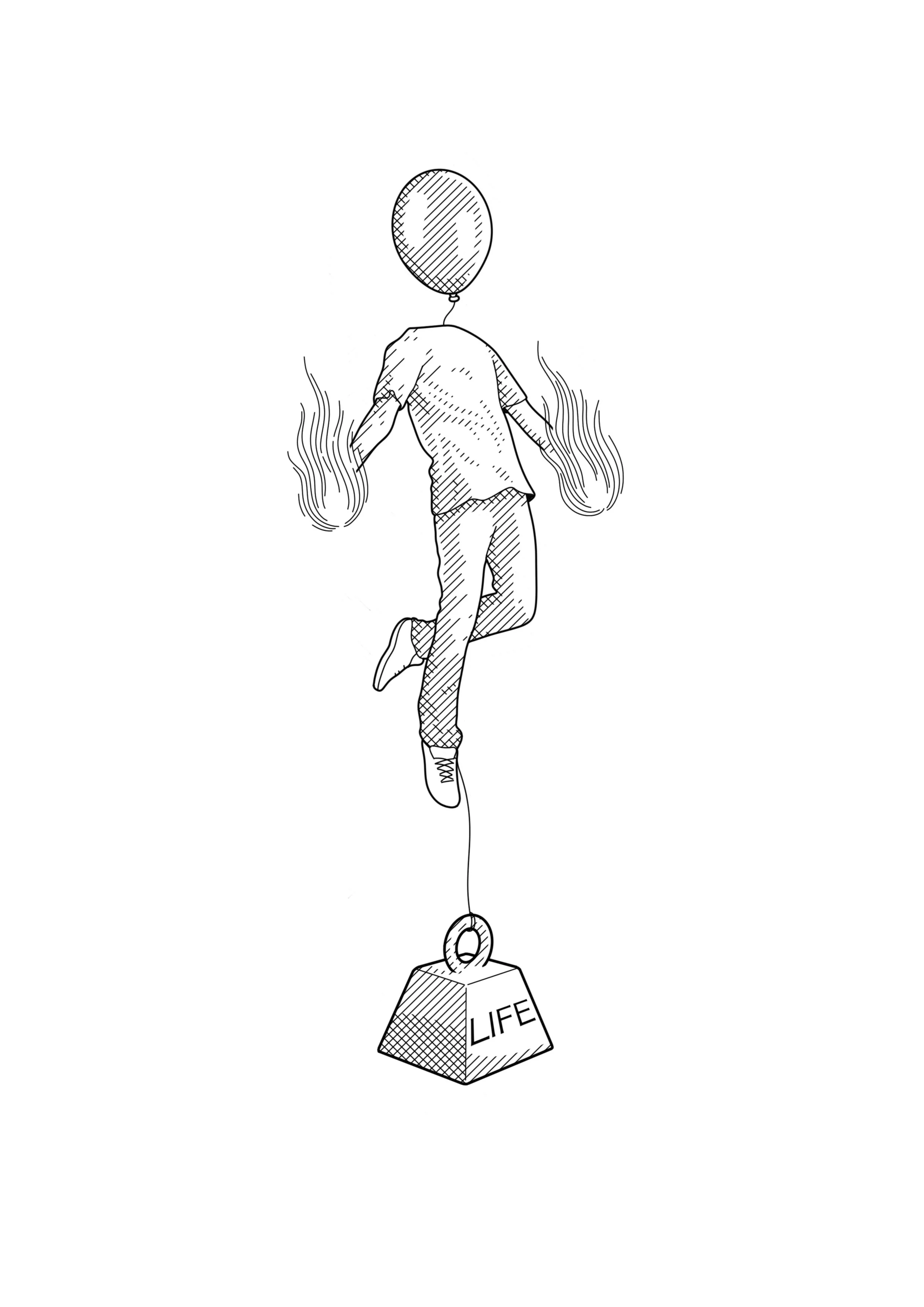 A fineline drawing of a person with a balloon for a head, floating upward, attached to a heavy weight labeled 'LIFE' with flames coming from their hands. designed to be tattooed by Nick Whybrow, Camden London