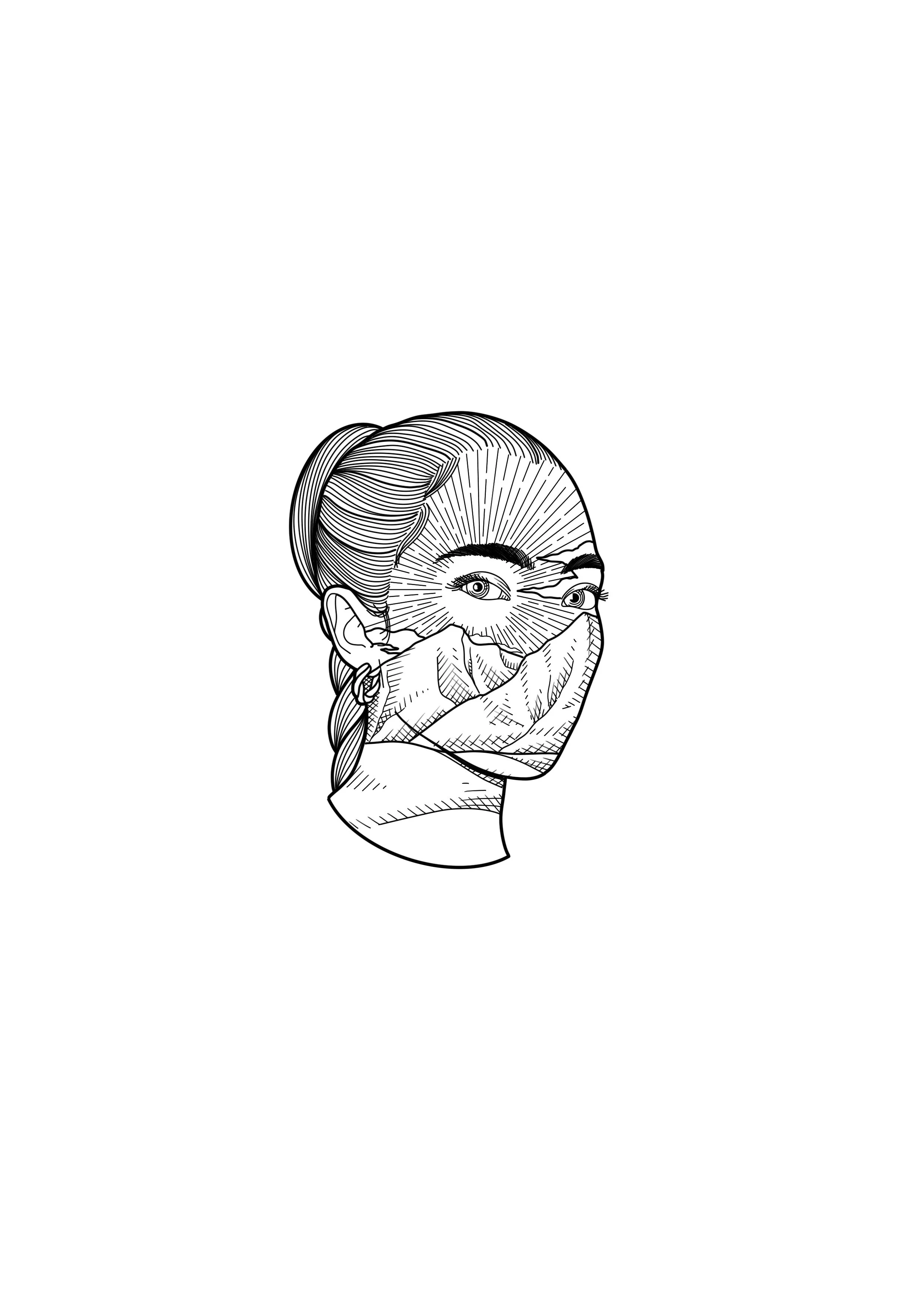 Black and white line illustration of a woman with her hair in a bun, wearing a mask and earrings, with artistic lines radiating from her forehead.