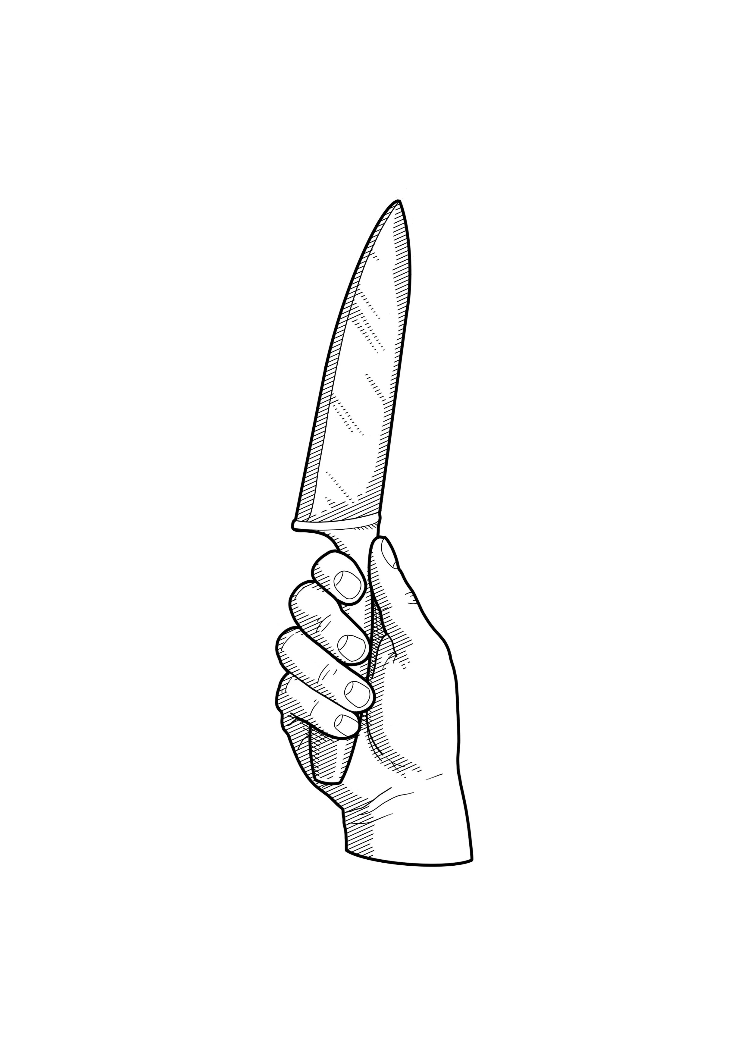 Black and white line drawing of a hand holding a large kitchen knife upright.