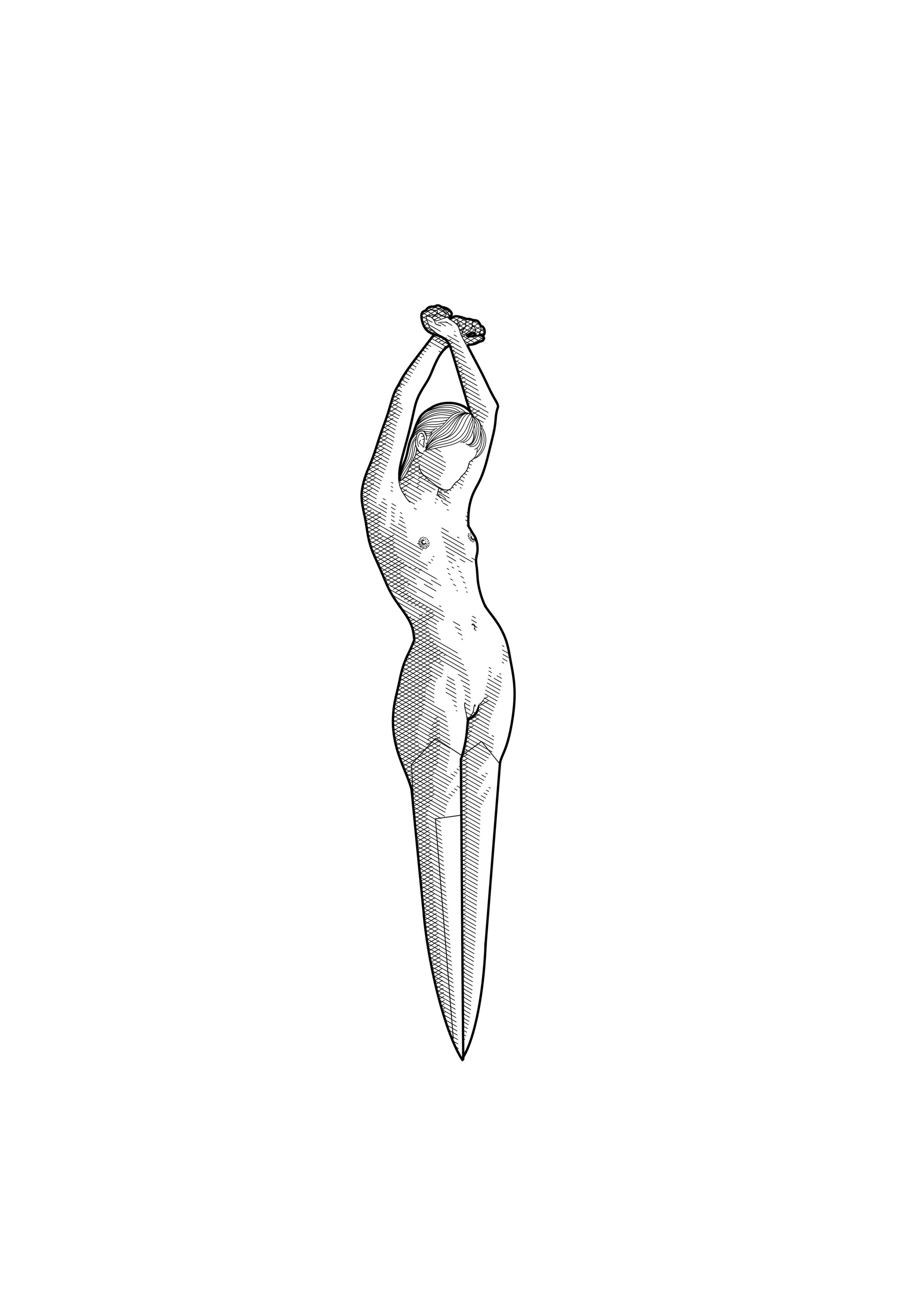 Black and white illustration of a nude woman with arms raised above her head, holding a sword with a pointed tip.