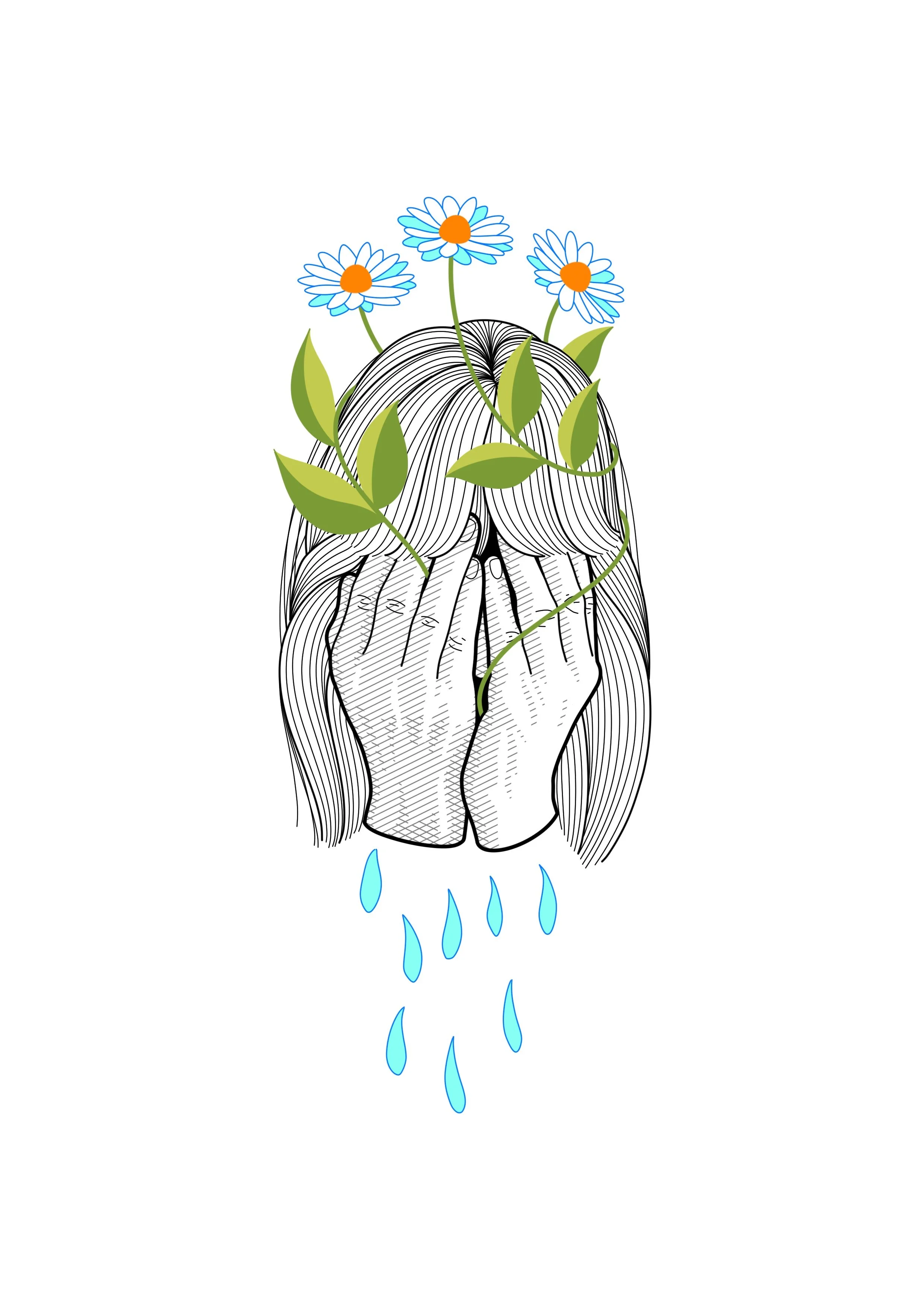 A black and white line drawing of a hand holding a growing plant with three blue flowers and green leaves, with blue droplets falling below.