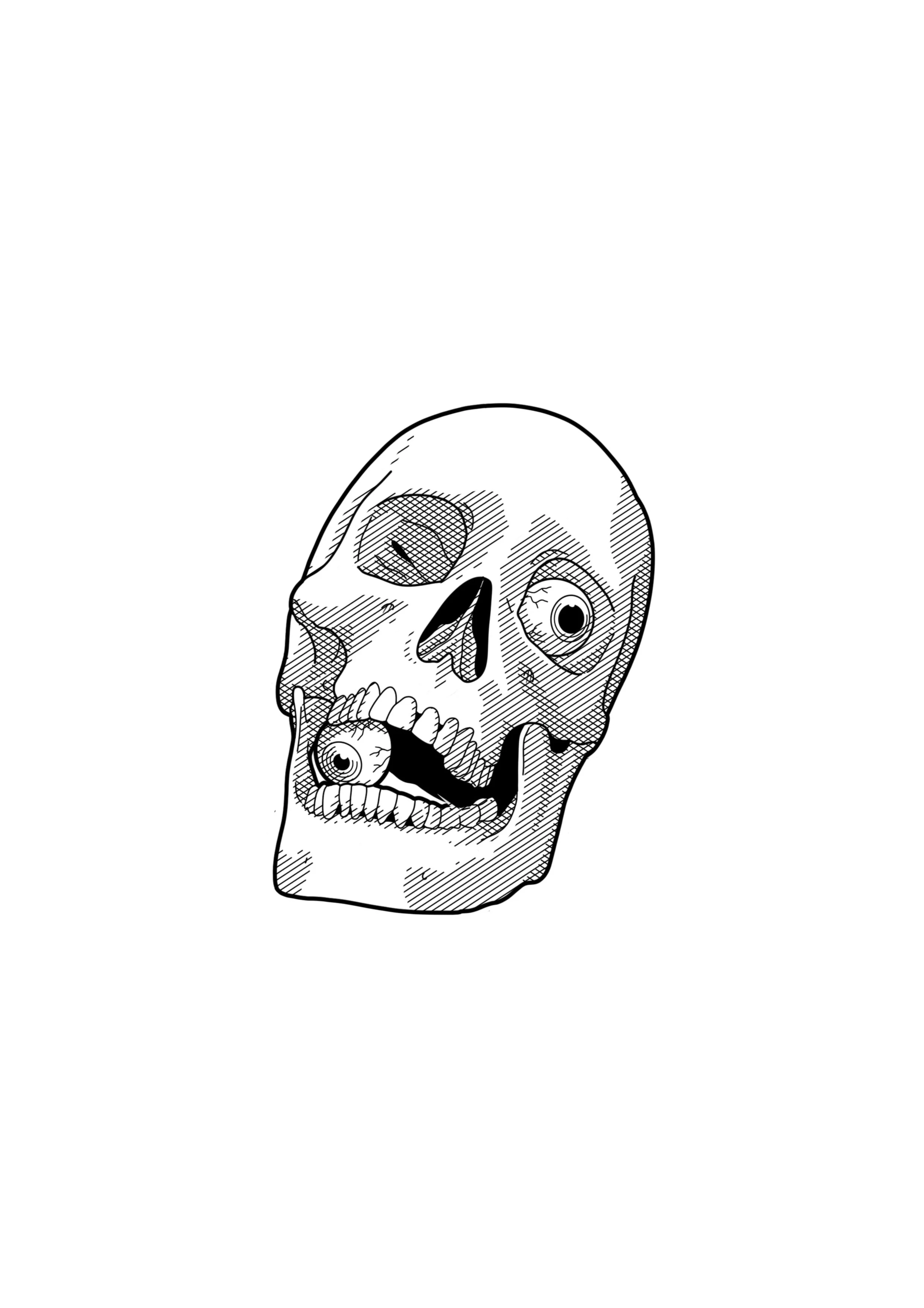 Black and white etching style sketch of a human skull with one eye wide open and the other eye in it's mouth. by Nick Whybrow, Camden, London
